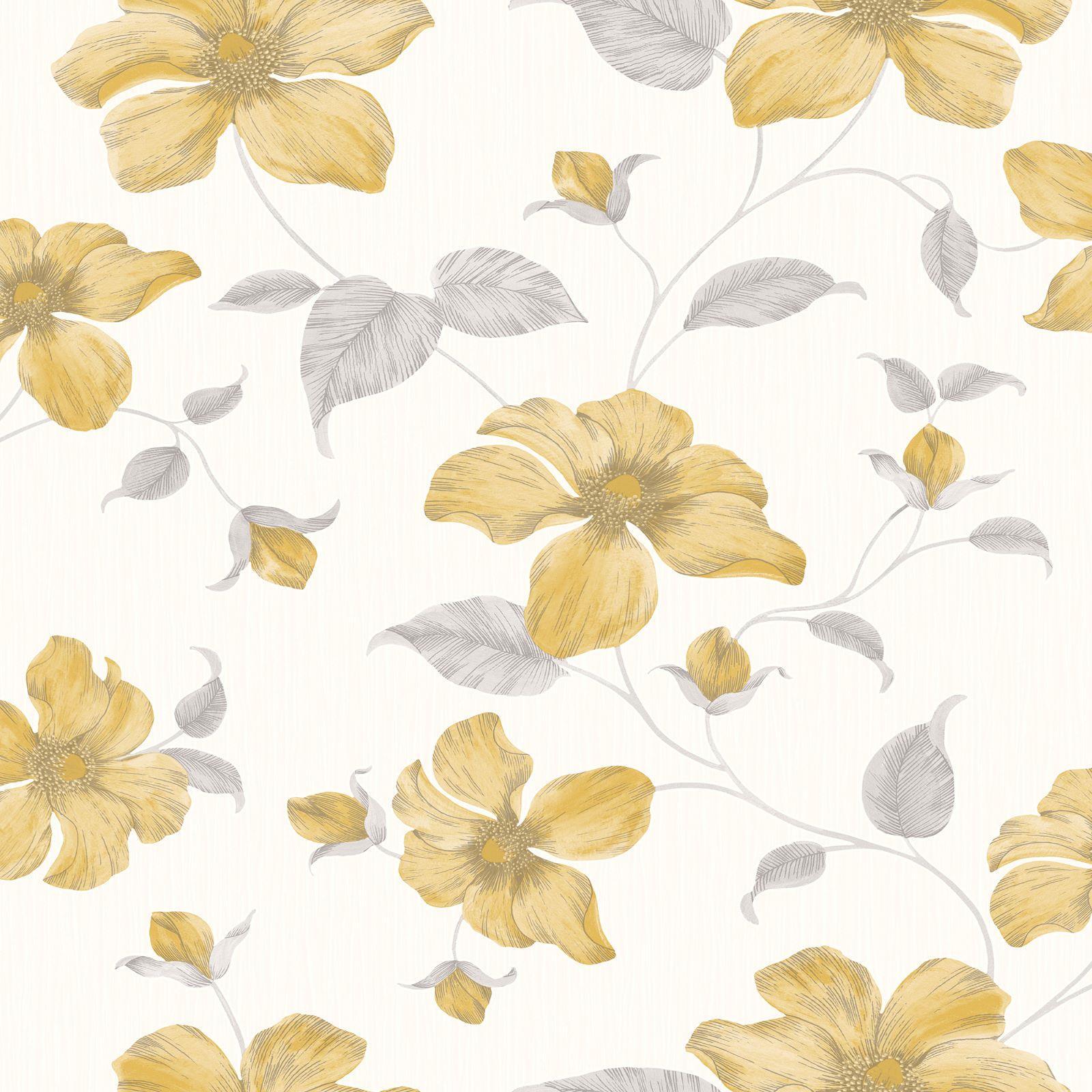 1600x1600 Grandeco Magnolia Floral Flowers Wallpaper Glitter Textured Yellow Grey A44401