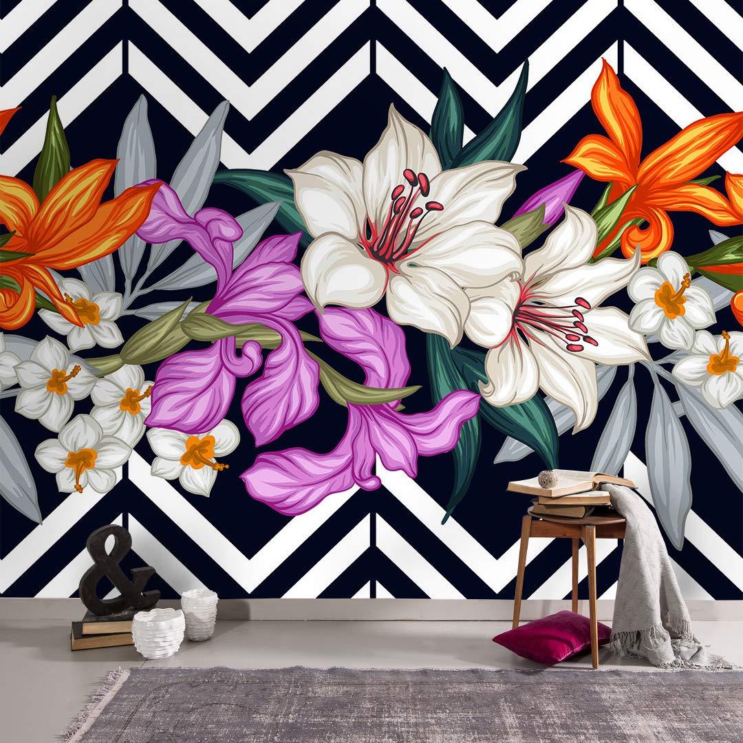 1080x1080 Colorful Flowers Green Wallpaper, Black and White Background Print Painting, Home Decor, Removable Peel and Stick Wallpaper, Office Wallpaper, Living room Wallpaper I Custom Size : Handmade Products
