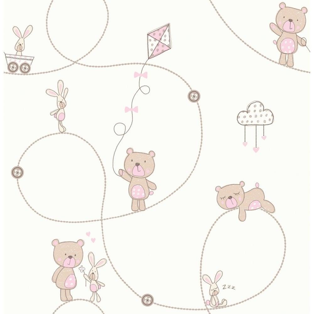 1000x1000 Decorline Carousel Bear & Boo Childrens Wallpaper White, Pink, Beige (DL21103) from I Love Wallpaper UK