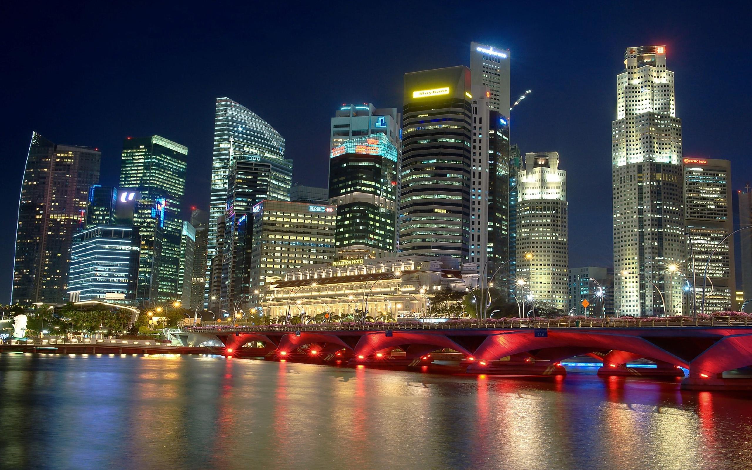 2560x1600 Malaysia Singapore City At Night River Bridge Building Skyscrapers Night Lighting HD Wallpaper 2560x1600 :