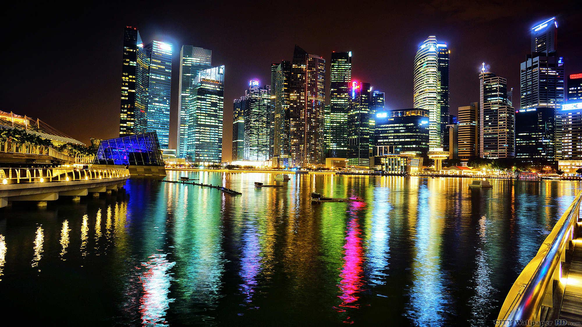 2000x1125 Night Singapore. Widescreen HD cityscapes for ios. Singapore, night, water, lights