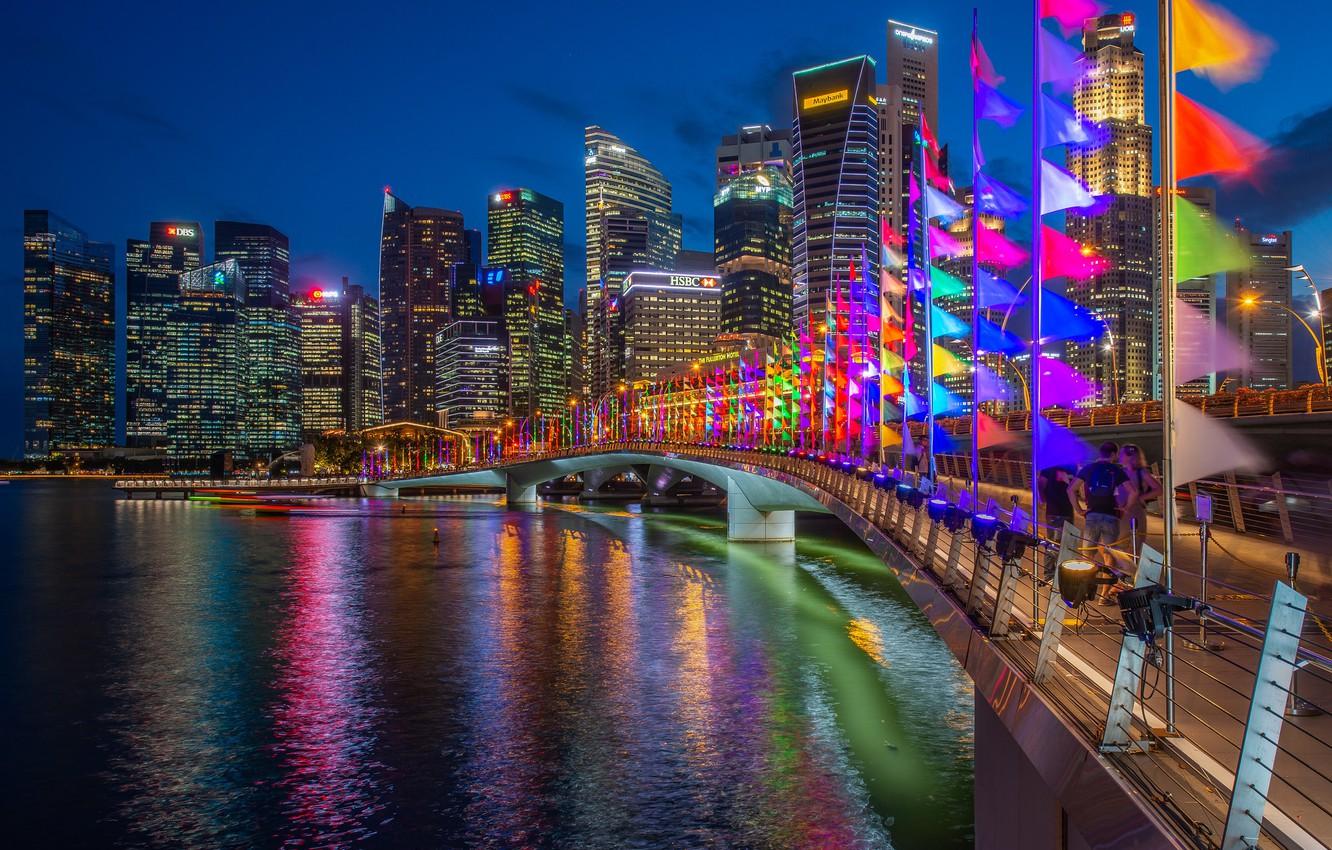 1332x850 Wallpaper bridge, building, home, Bay, Singapore, night city, flags, skyscrapers, Singapore, Marina Bay, Marina Bay, Jubilee Bridge image for desktop, section город