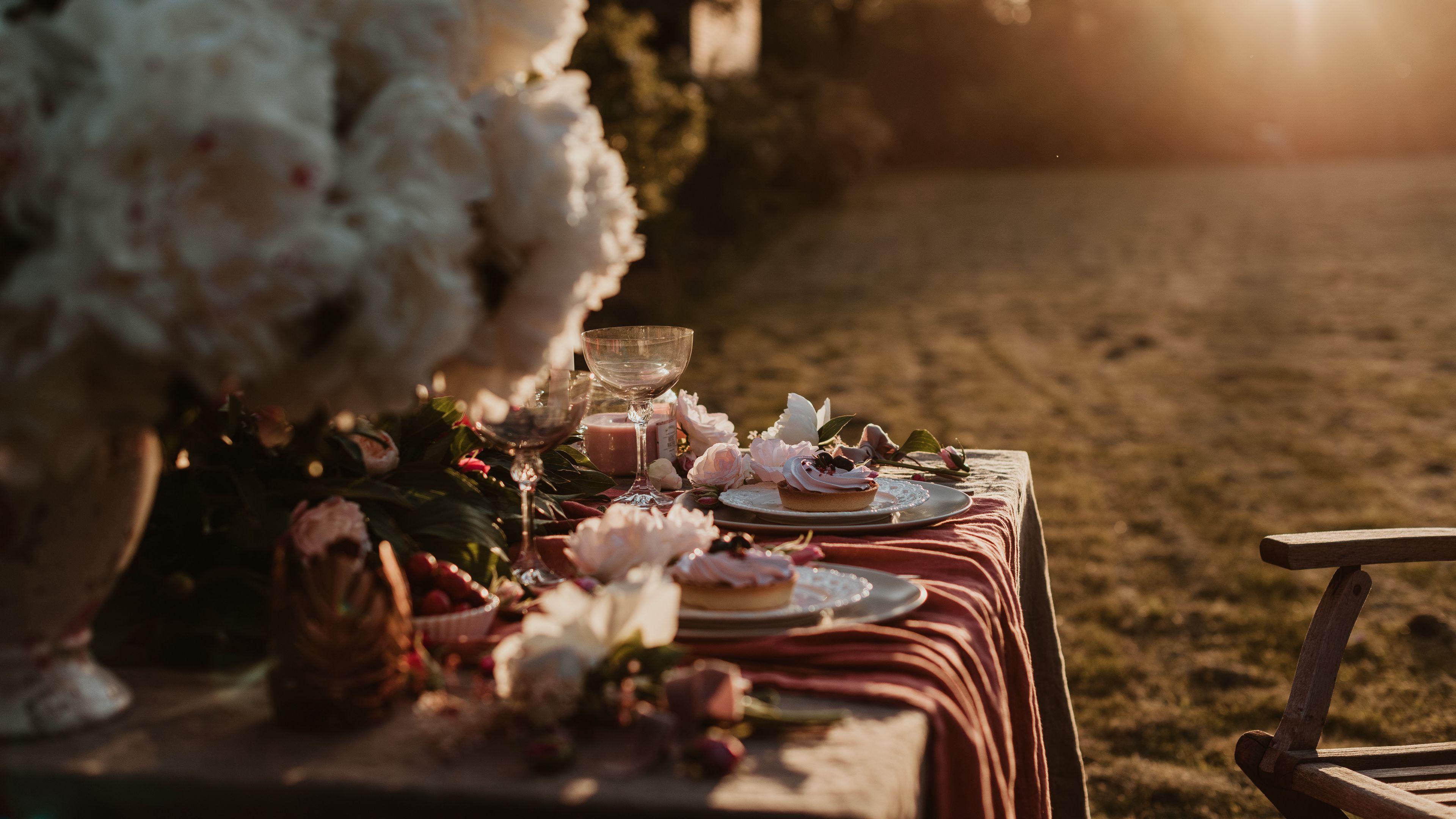 3840x2160 Download wallpaper 3840x2160 table, dishes, table setting, flowers, dessert 4k uhd 16:9 HD background