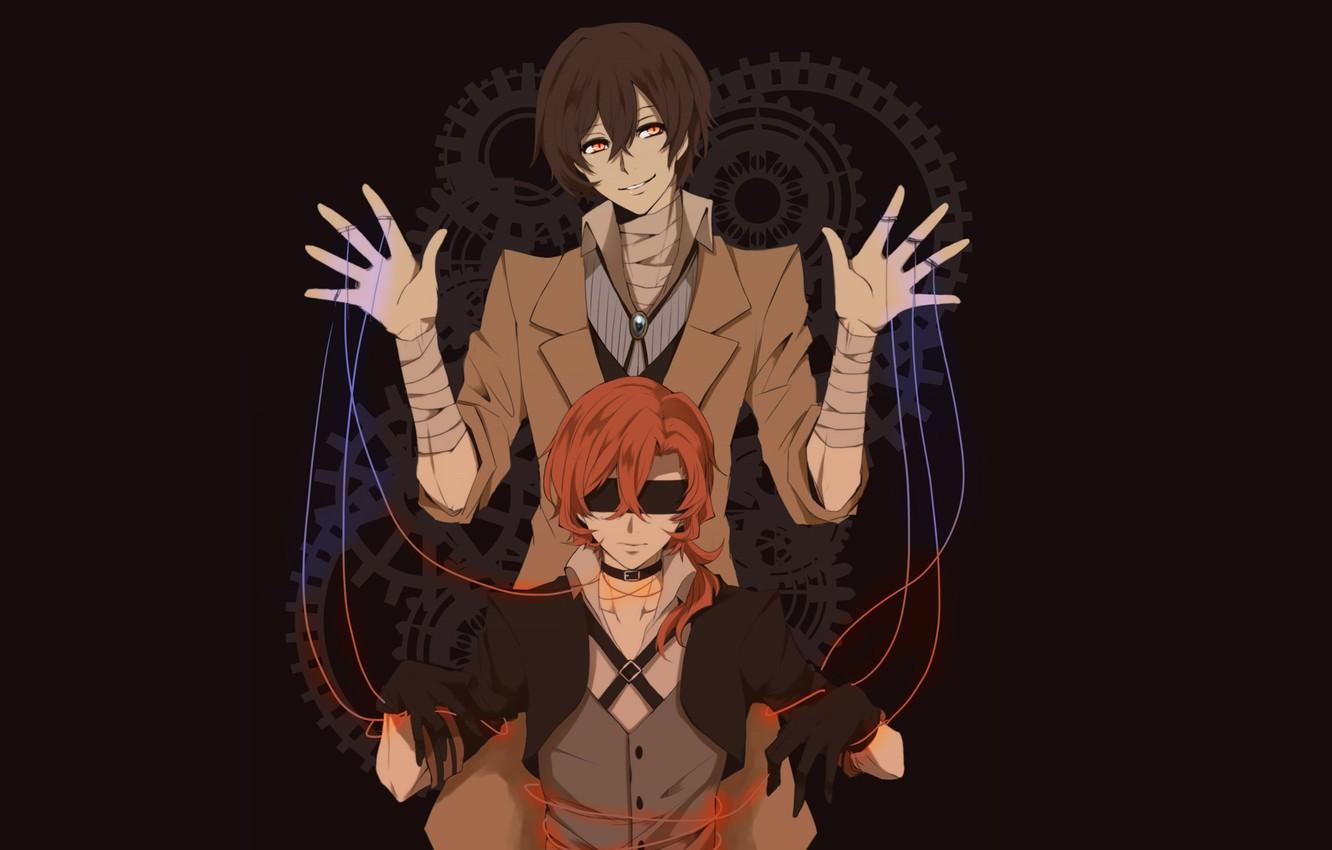 1332x850 Wallpaper guys, black background, sestrenki, Bungou Stray Dogs, Stray Dogs: A Literary Genius, Nakahara Chuuya, Dazai Osamu image for desktop, section сёнэн