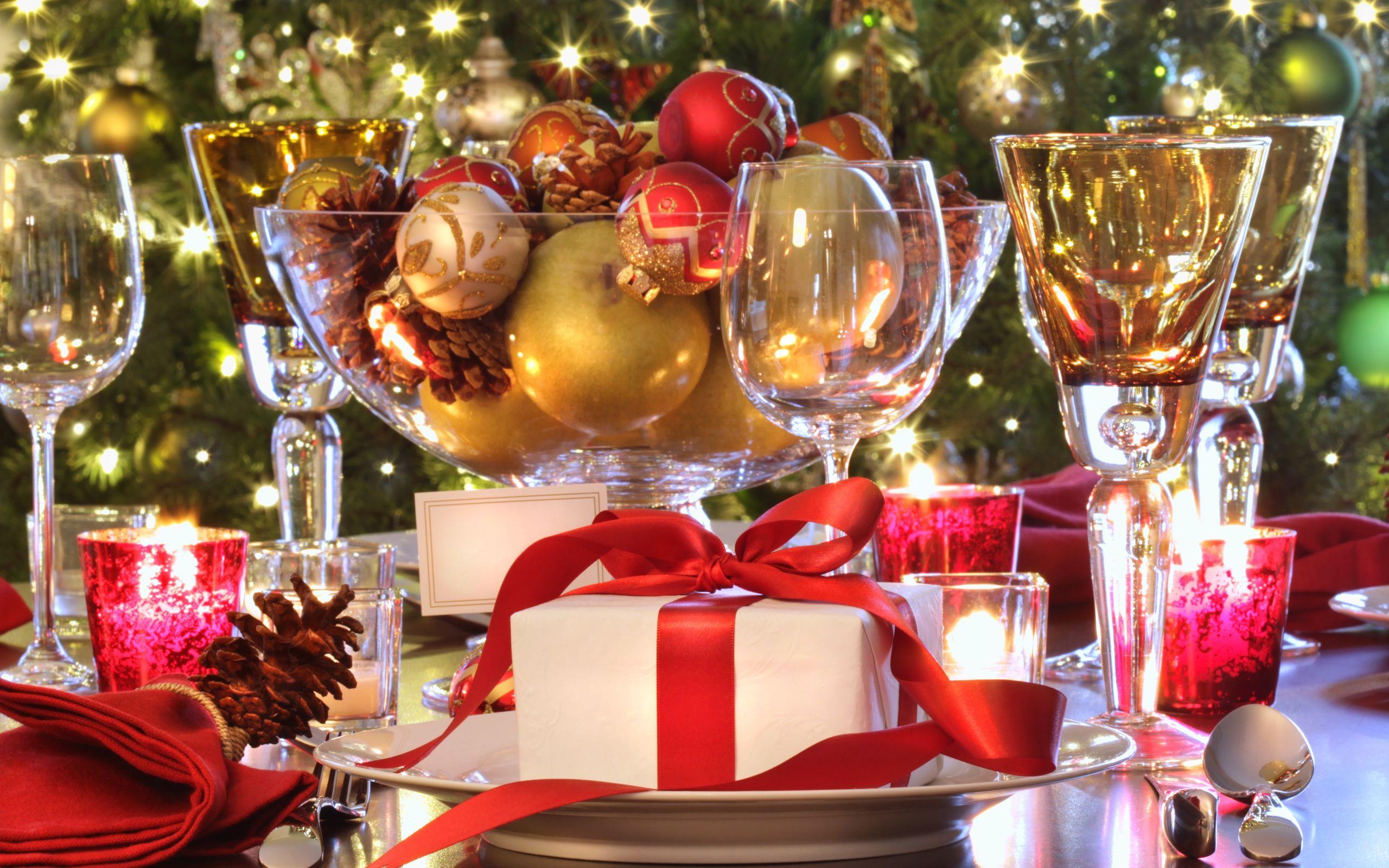 2560x1600 Download Wallpaper glass gift new year christmas, 2560x Holiday table setting with red ribboned gift
