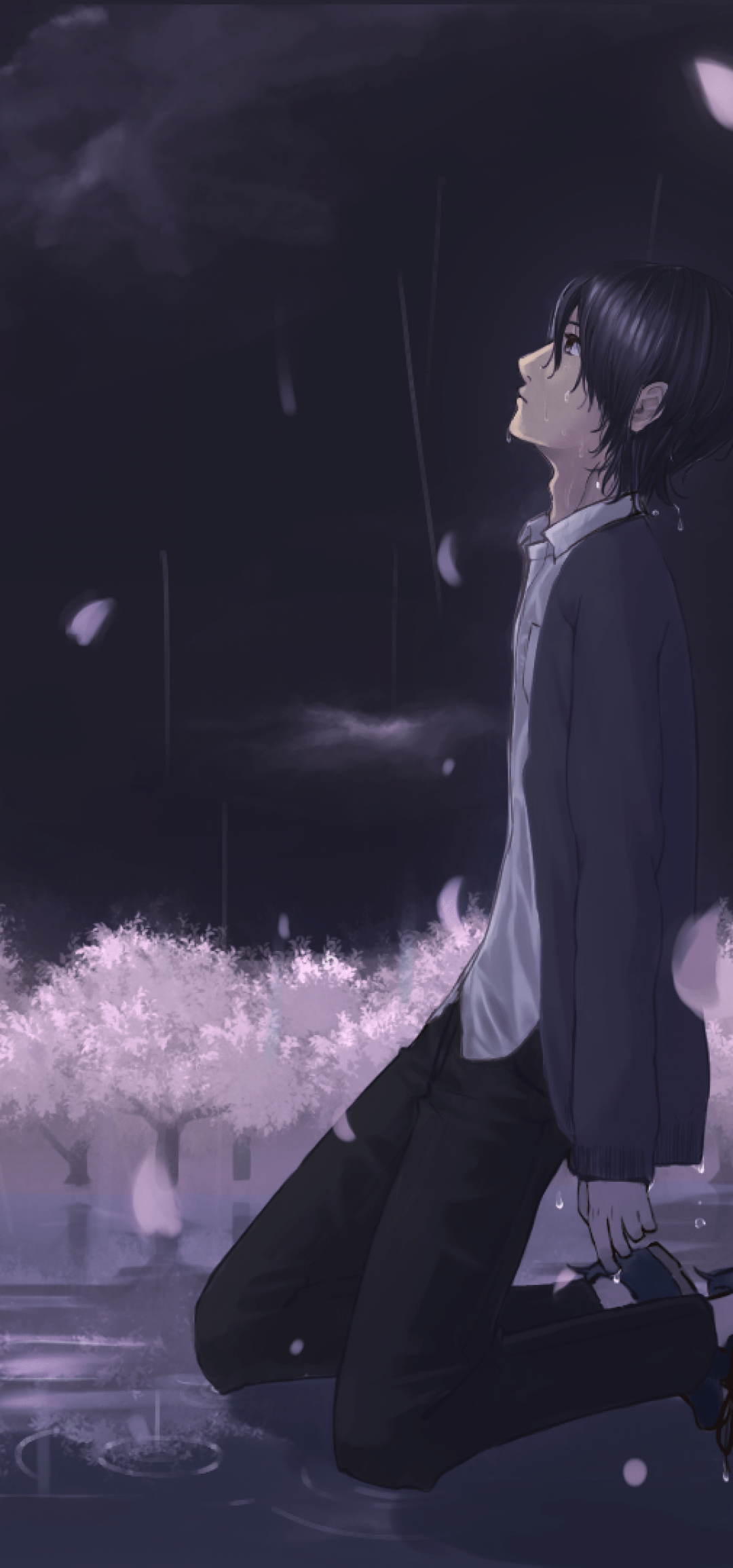 1080x2310 Download 1080x2310 Anime Boy, Sadness, Crying, Teary Eyes, Moon, Raining, Petals Wallpaper for Honor View 20
