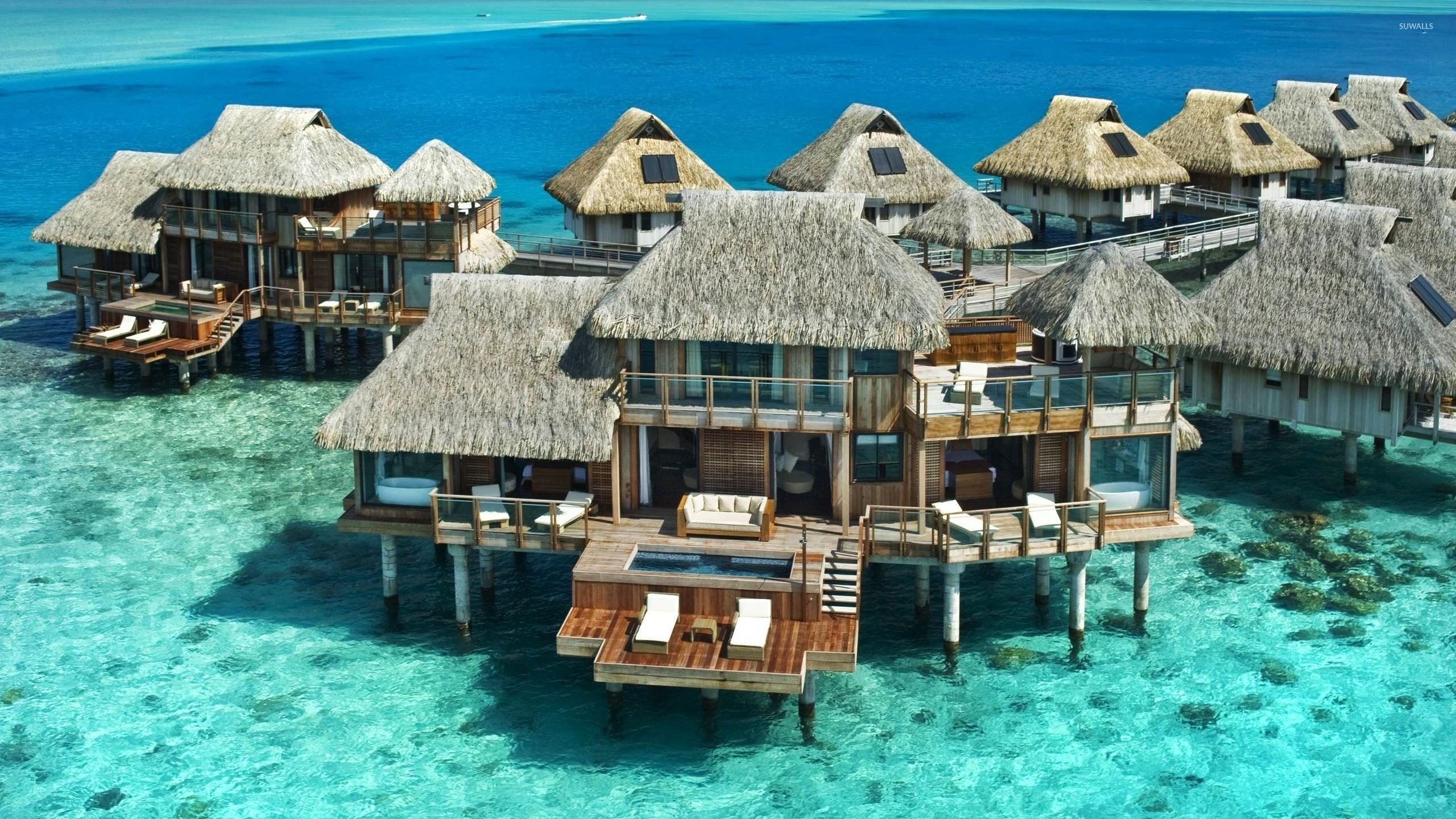 2560x1440 Bora Bora resort above the water wallpaper wallpaper