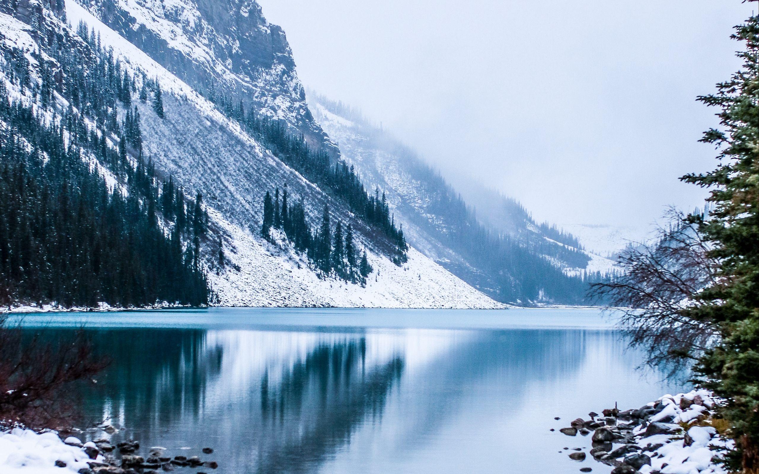 2560x1600 Download wallpaper 2560x1600 lake, mountain, fog, snowy, mountain landscape, canada widescreen 16:10 HD background