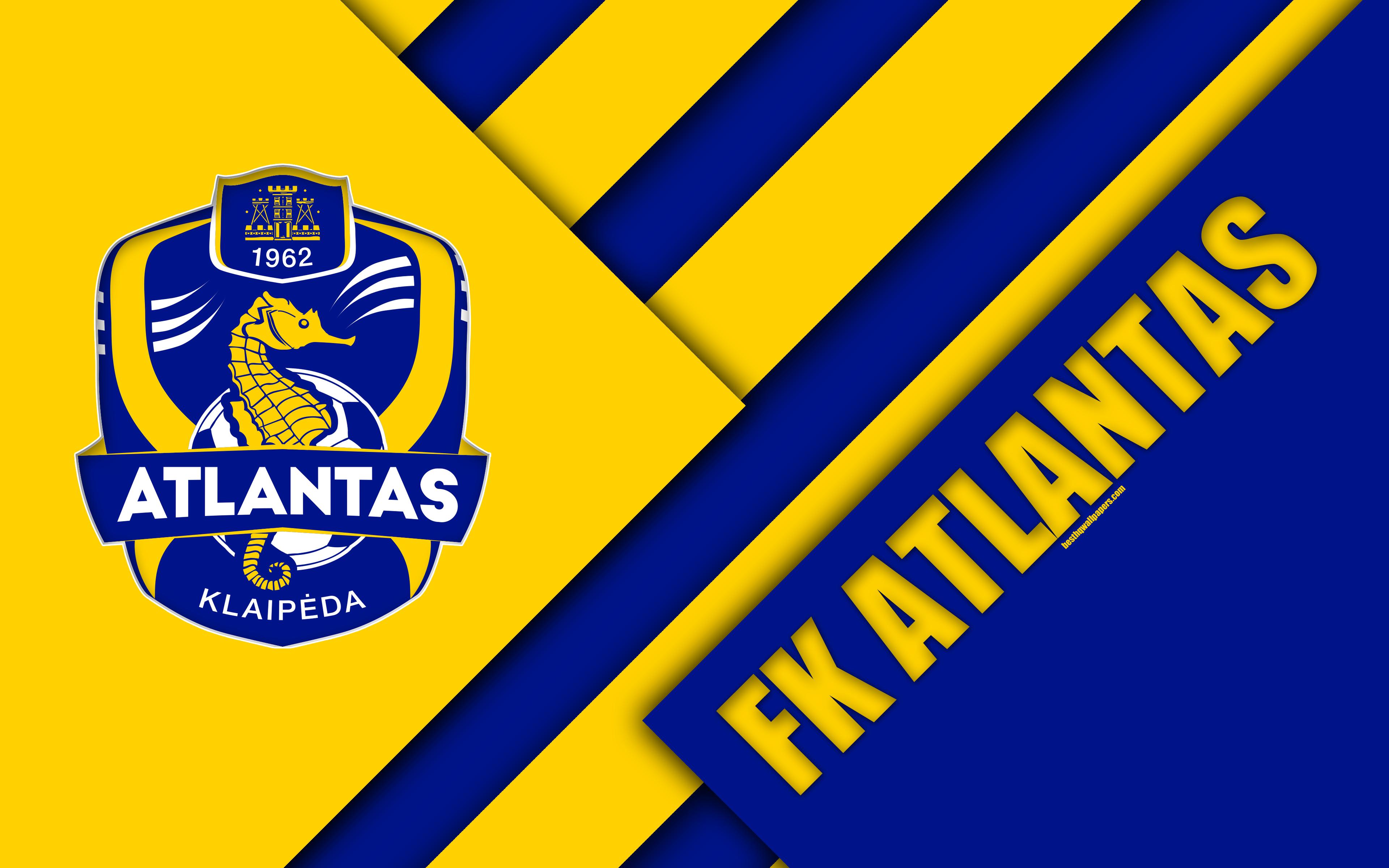 3840x2400 Download wallpaper FK Atlantas, 4k, logo, Lithuanian football club, blue yellow abstraction, material design, A Lyga, Klaipeda, Lithuania, football, Atlantas FC for desktop with resolution 3840x2400. High Quality HD picture wallpaper