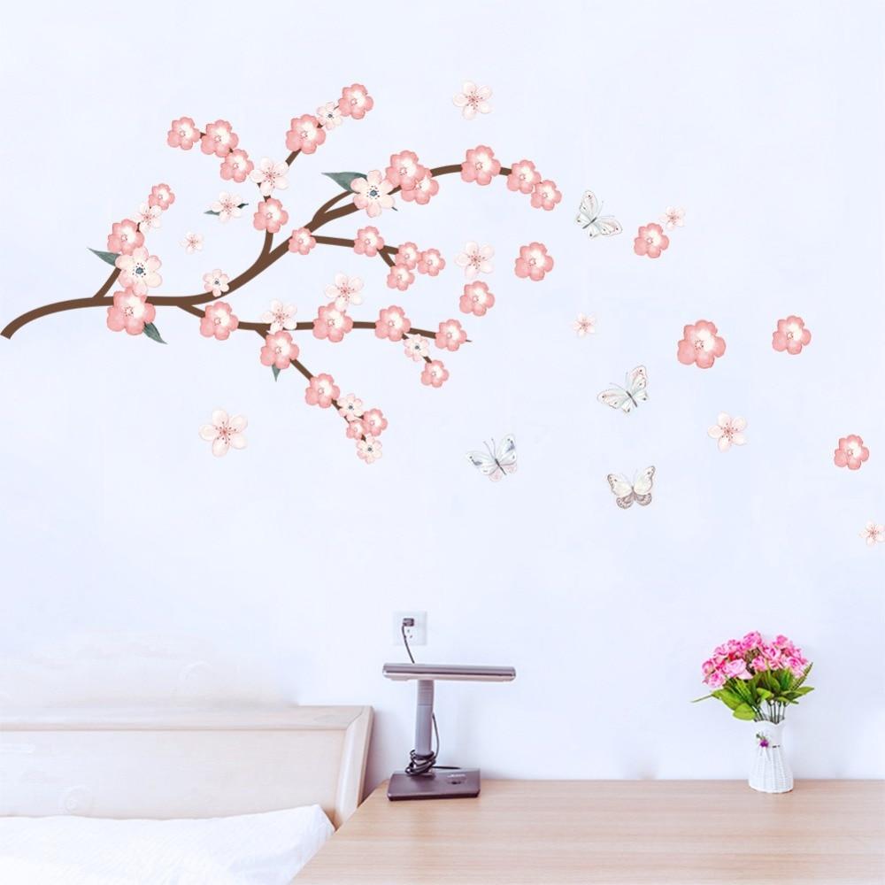 1000x1000 Cherry blossoms Tree Wall Stickers Flower butterfly Home Decor Wallpaper for Living Room Bedroom DIY Vinyl Rooms Decoration at the price of $4.43 in