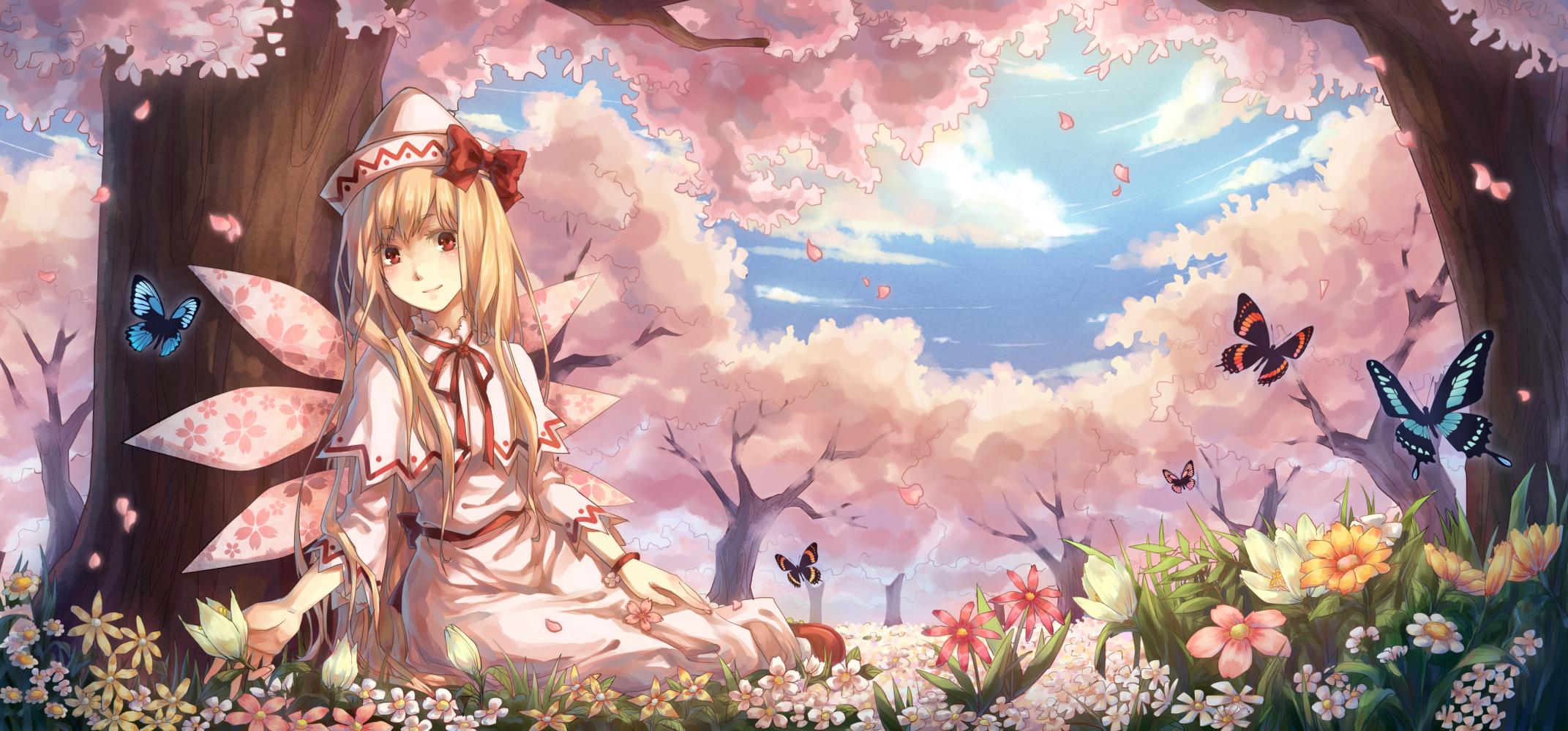 2143x999 touhou, Butterfly, Cherry, Blossoms, Flowers, Lily, White, Touhou, Wings, Yezhi, Na Wallpaper HD / Desktop and Mobile Background