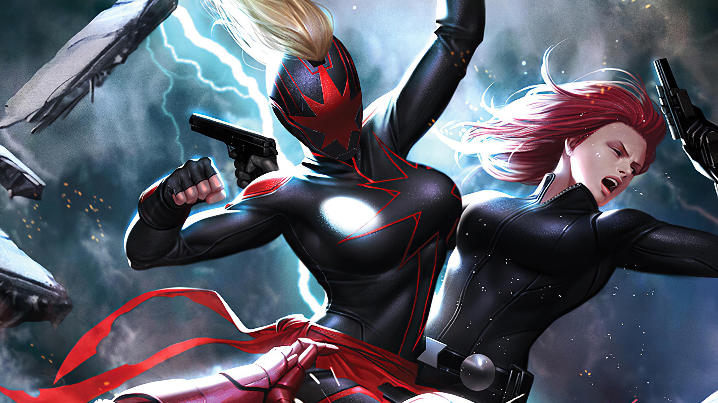 3000x1687 captain marvel, black widow, iron man, superheroes, hd, artstation, artist, artwork, digital art