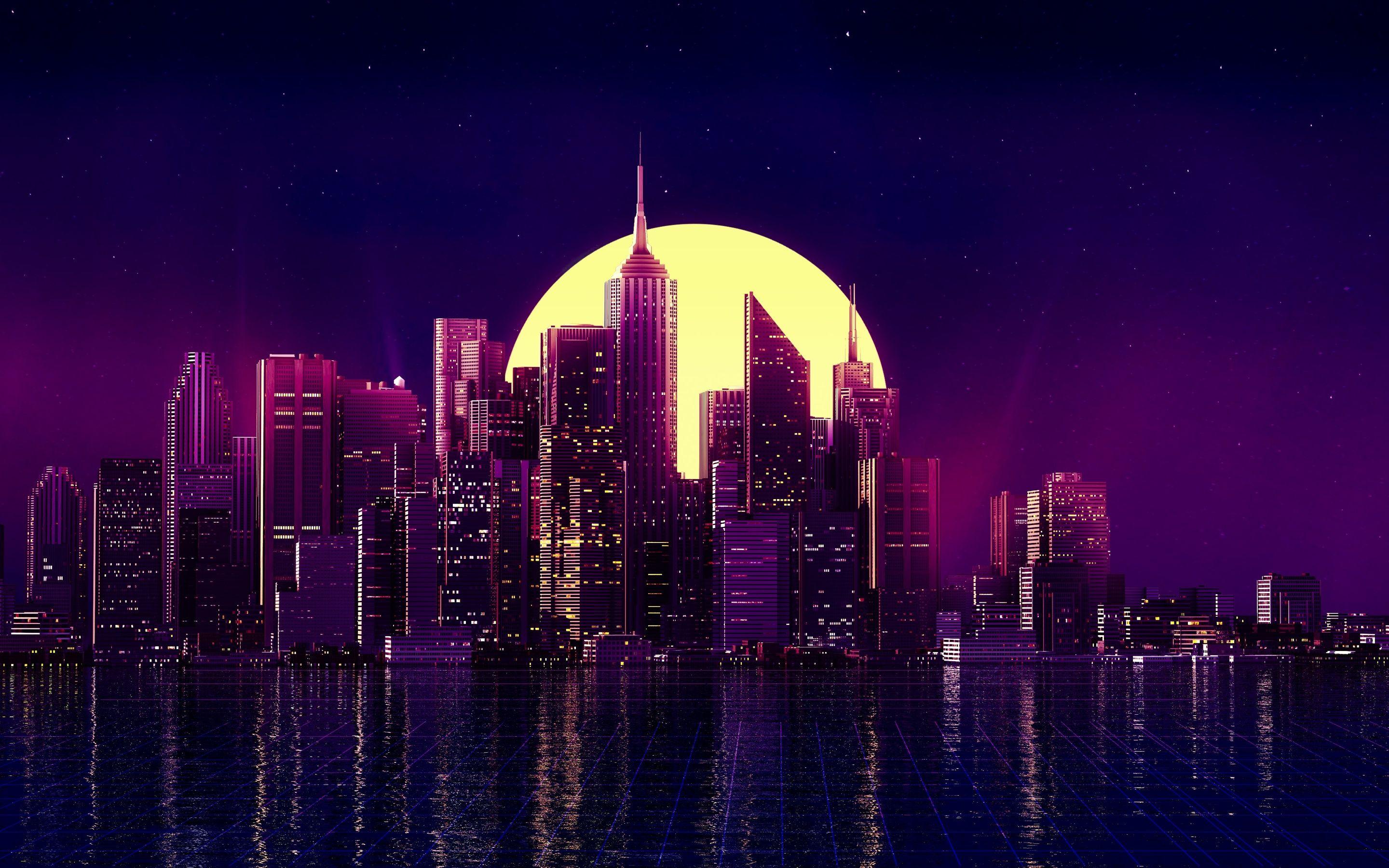 2880x1800 Neon City Buildings Reflection Skycrapper Minimalism 4k