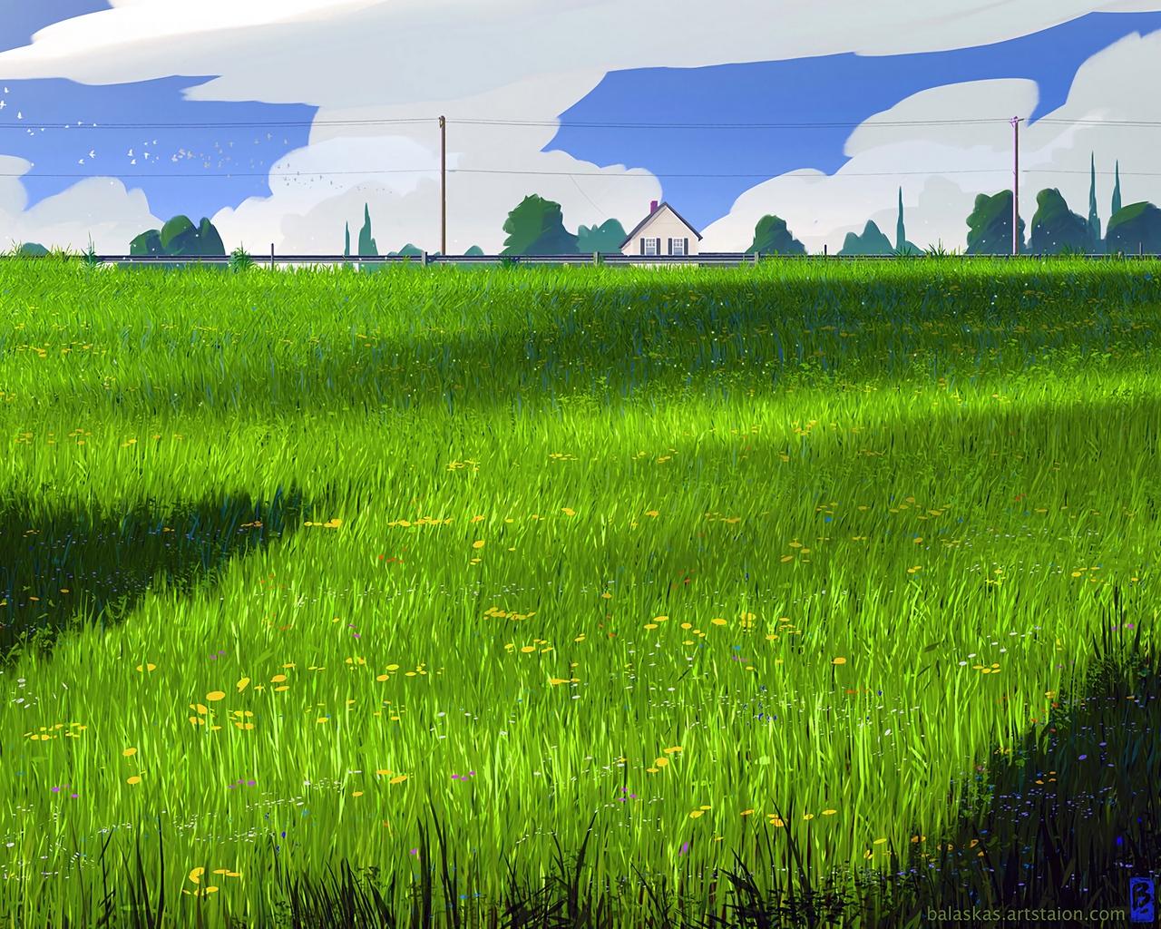 1280x1024 Wallpaper House, Meadow, Art, Field, Grass Painting Grass Field