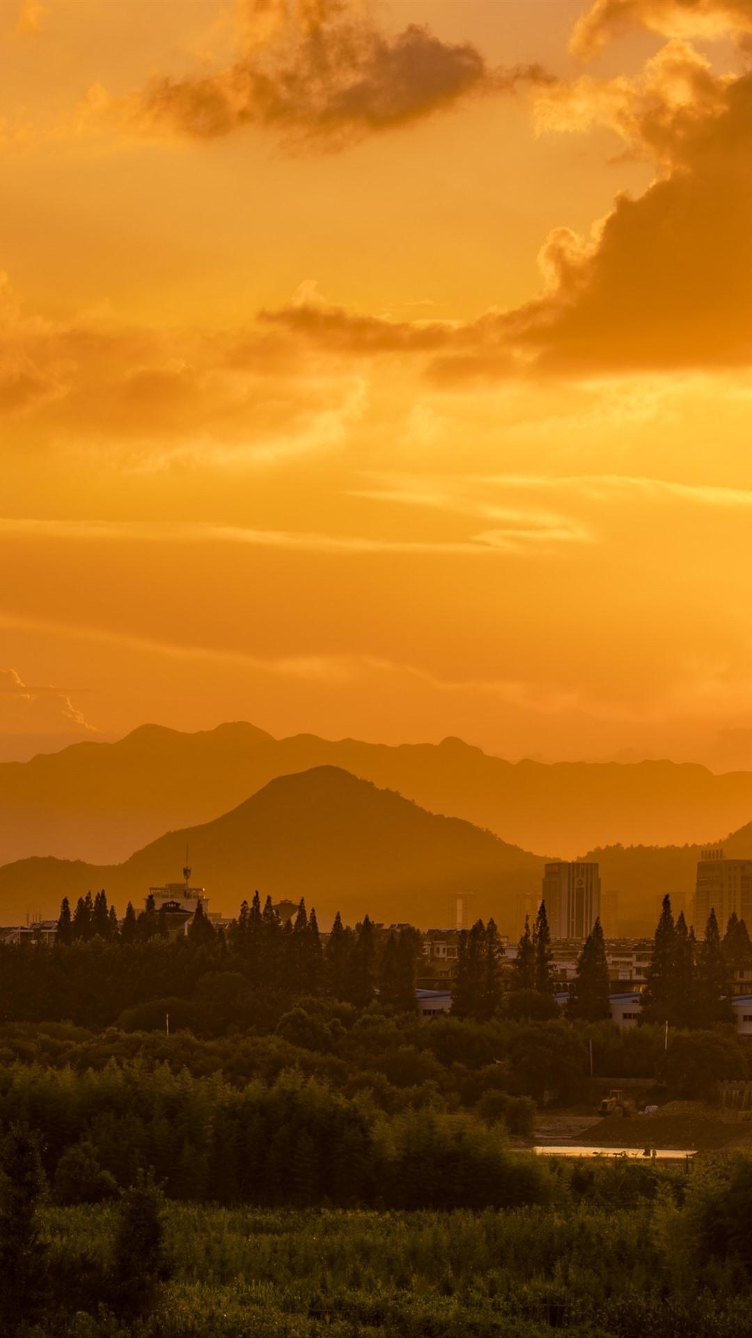 1080x1920 Sunset, Orange Sky, Clouds, Skyscrapers, Mountains, Trees 1080x1920 IPhone 8 7 6 6S Plus Wallpaper, Background, Picture, Image
