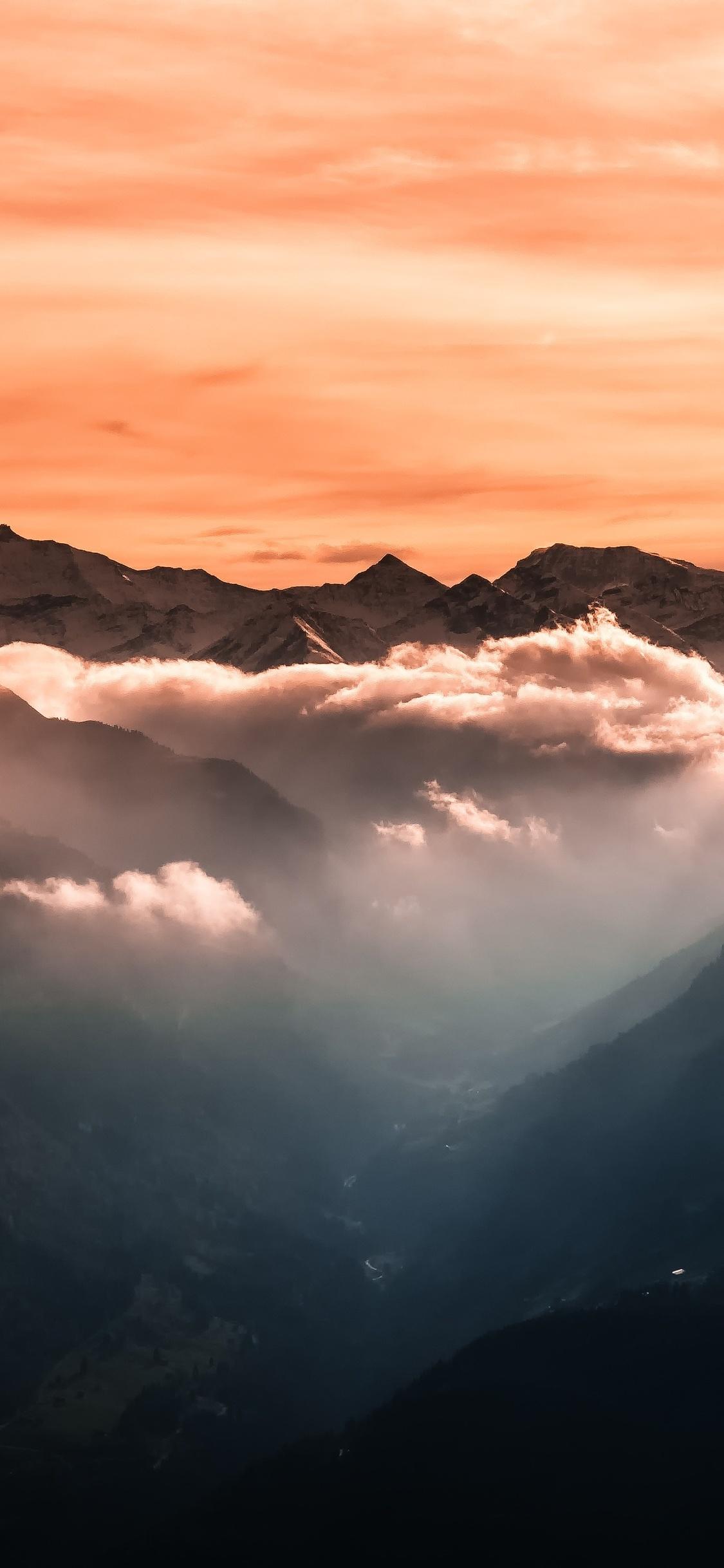 1125x2436 4k Fog Mountains Orange Sky iPhone XS, iPhone iPhone X HD 4k Wallpaper, Image, Background, Photo and Picture