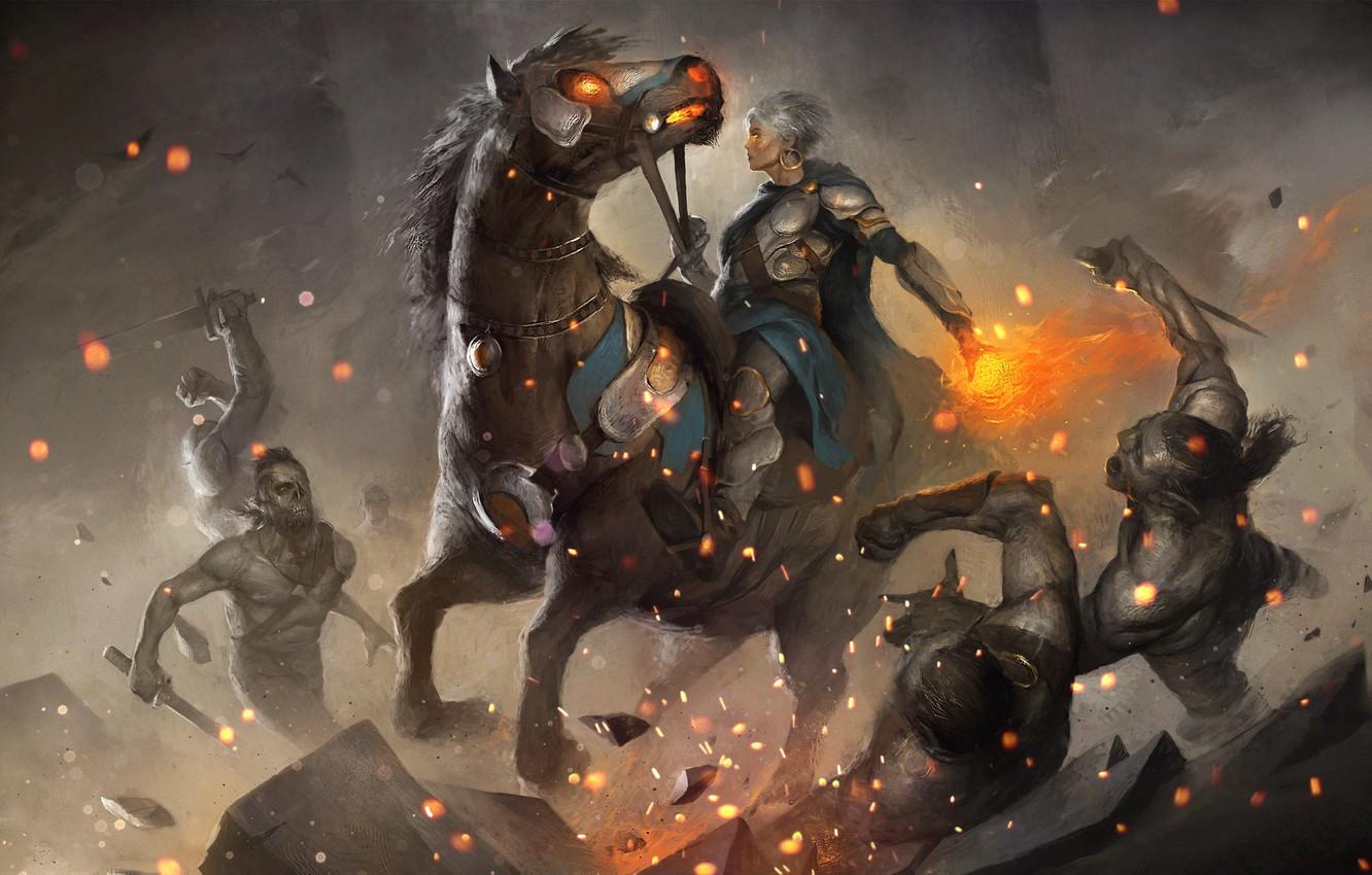 1332x850 Wallpaper Girl, Horse, Horse, Magic, Warrior, Battle, Darkness, Fantasy, Demons, Art, Undead, Fiction, Illustration, Attack, Characters, Stanislav Dikolenko image for desktop, section фантастика