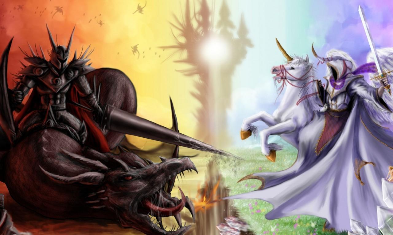 1280x768 Fantasy, Art, Good, Evil, Demon, Angel, Sword, Horse, Dragon, Armor :
