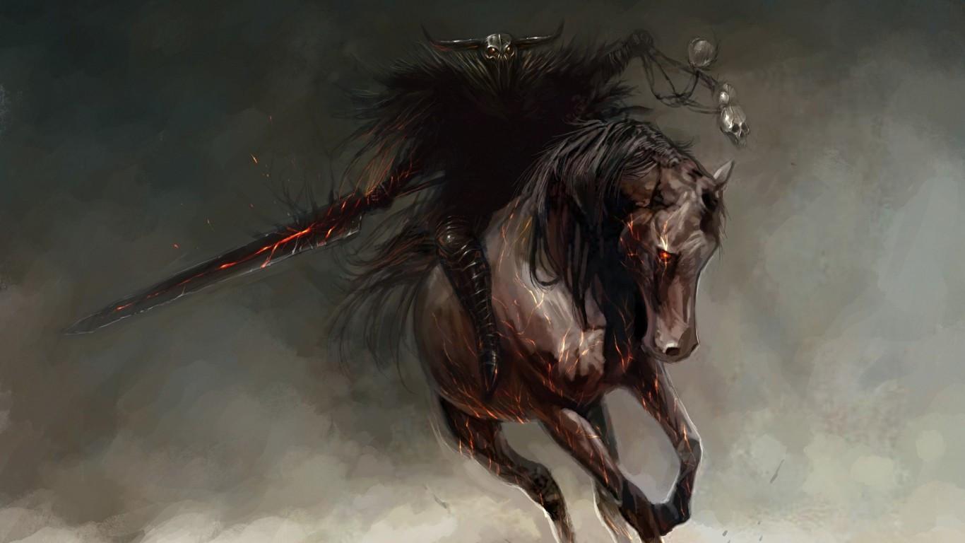 1366x768 Download 1366x768 Fantasy Monster, Demon, Sword, Horse, Artwork, The Rider Wallpaper for Laptop, Notebook