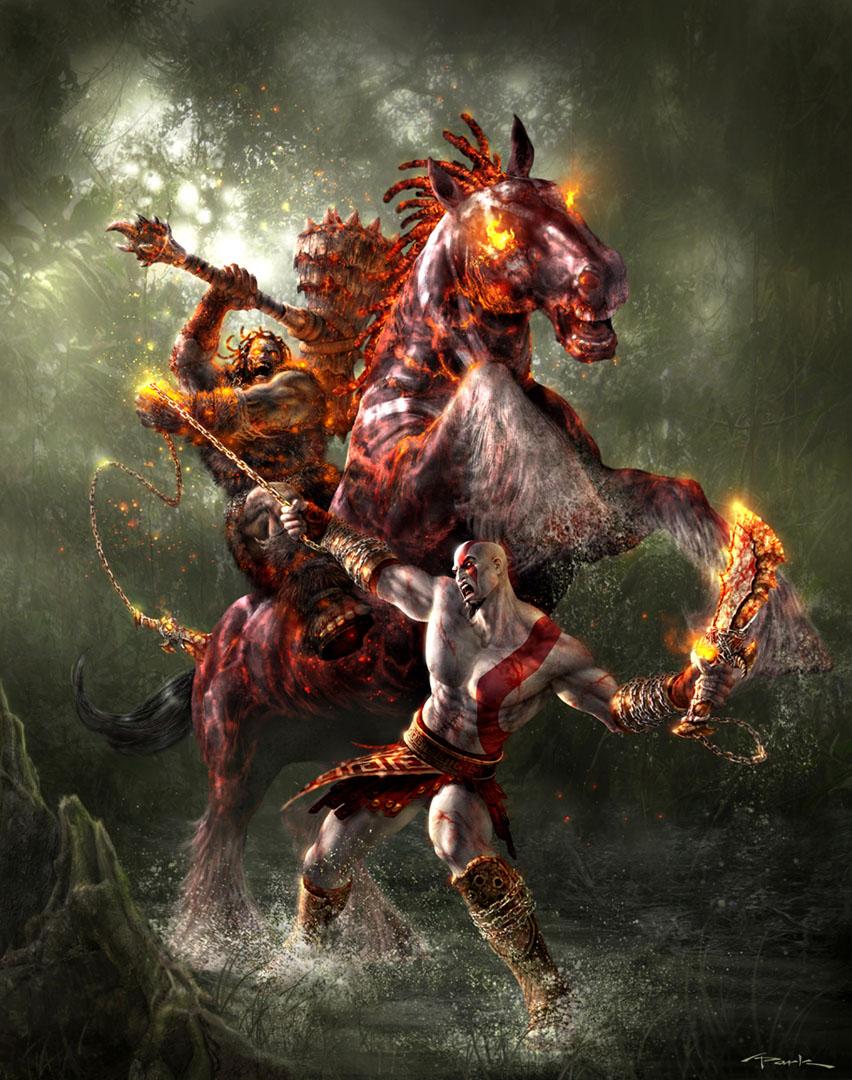 852x1080 Kratos Fighting Flaming Man Riding Fiery Horse Of War Wallpaper