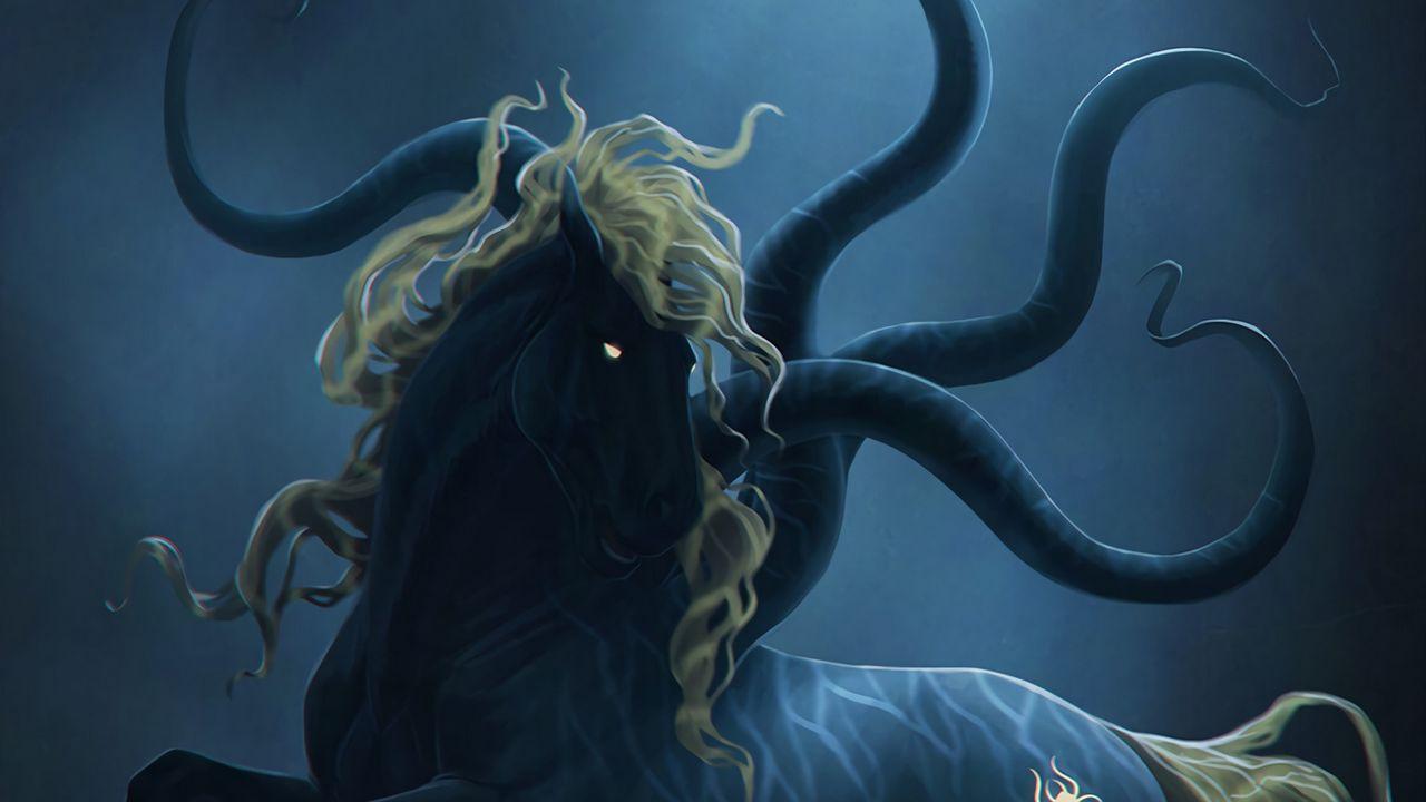 1280x720 Wallpaper horse, mane, demon, art hd, picture, image