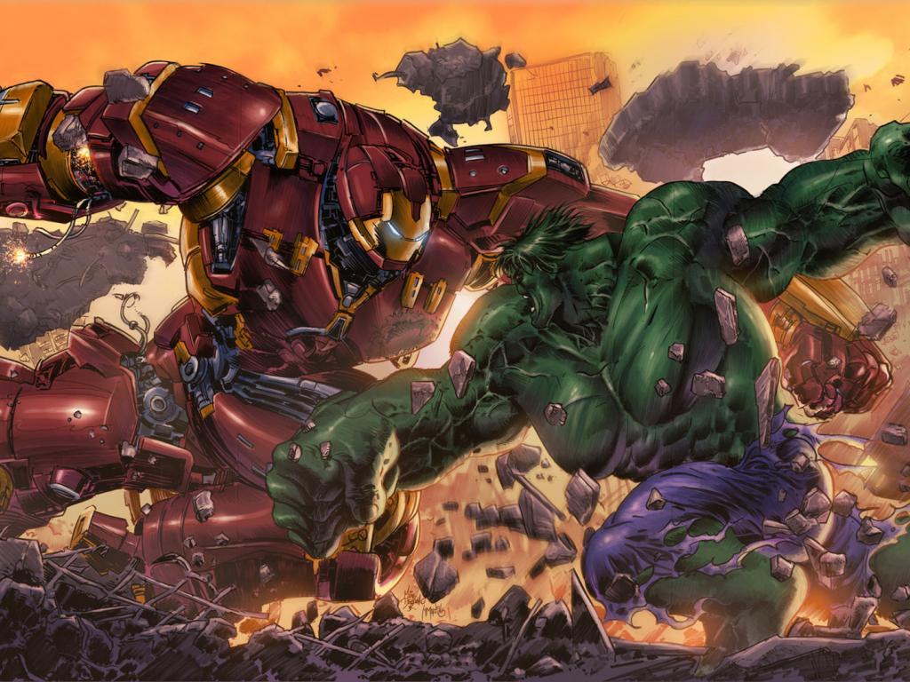 1024x768 Desktop wallpaper iron man, hulkbuster vs hulk, fight, superheros, artwork, HD image, picture, background, 04436d