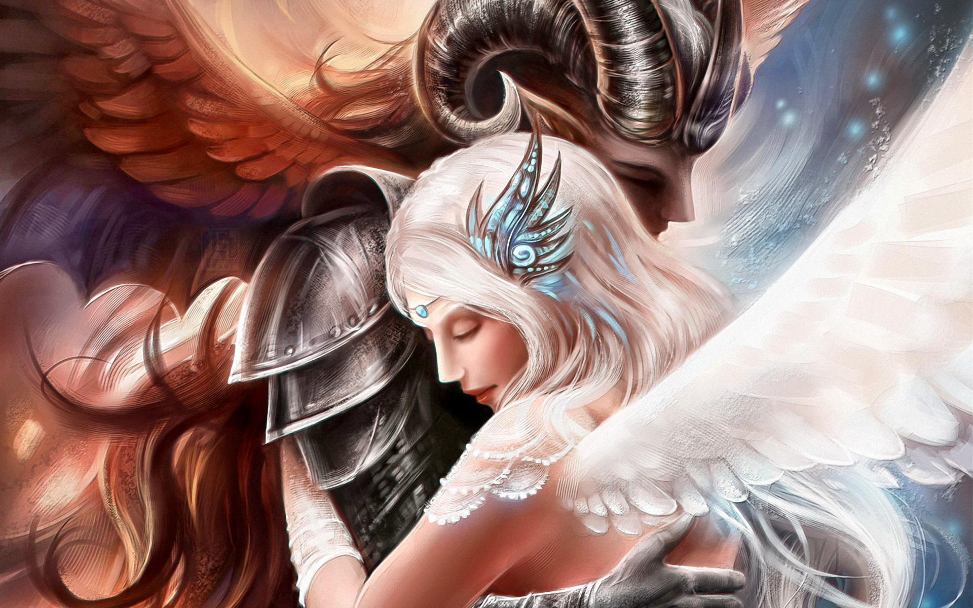 1920x1200 Download 1920x1200 Angel And Devil, Romance, Hugging, Wings, Horns Wallpaper for MacBook Pro 17 inch
