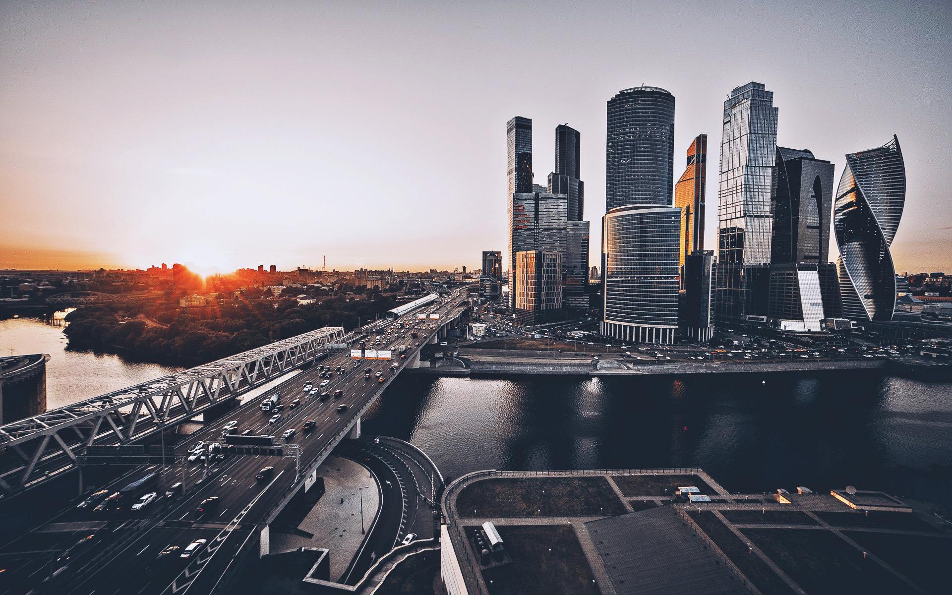 1920x1200 Download wallpaper Moscow City, sunset, panorama, Russia, modern buildings, Moscow, russian cities, cityscapes, skyscrapers, Moscow landmarks, Moscow City at evening for desktop with resolution 1920x1200. High Quality HD picture wallpaper
