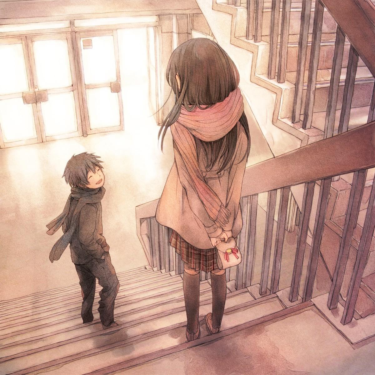 1200x1200 anime girls anime boys love scarf school uniform original characters wallpaper. Mocah HD Wallpaper