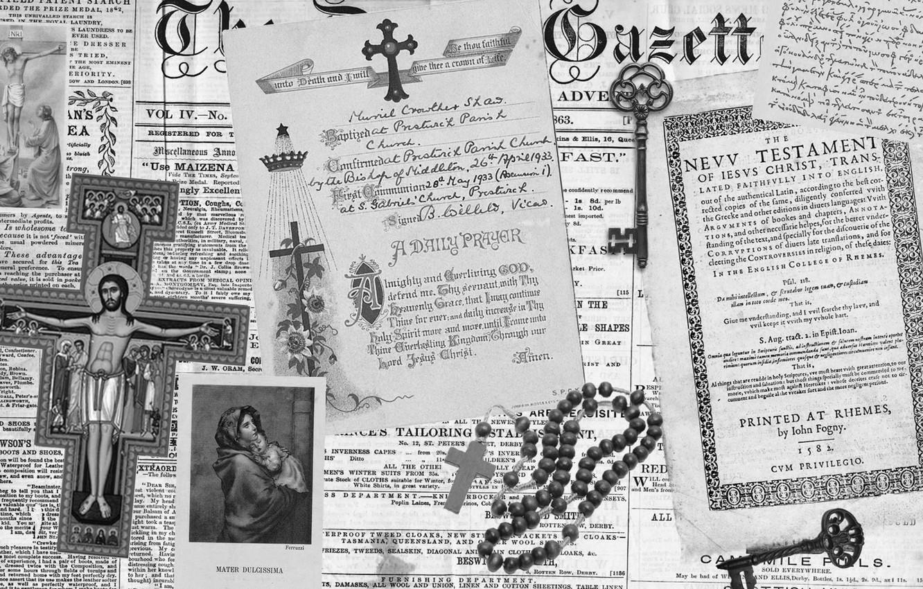1332x850 Wallpaper desktop, holy, cross, key, black and white, paper, Jesus, document, newspaper image for desktop, section разное