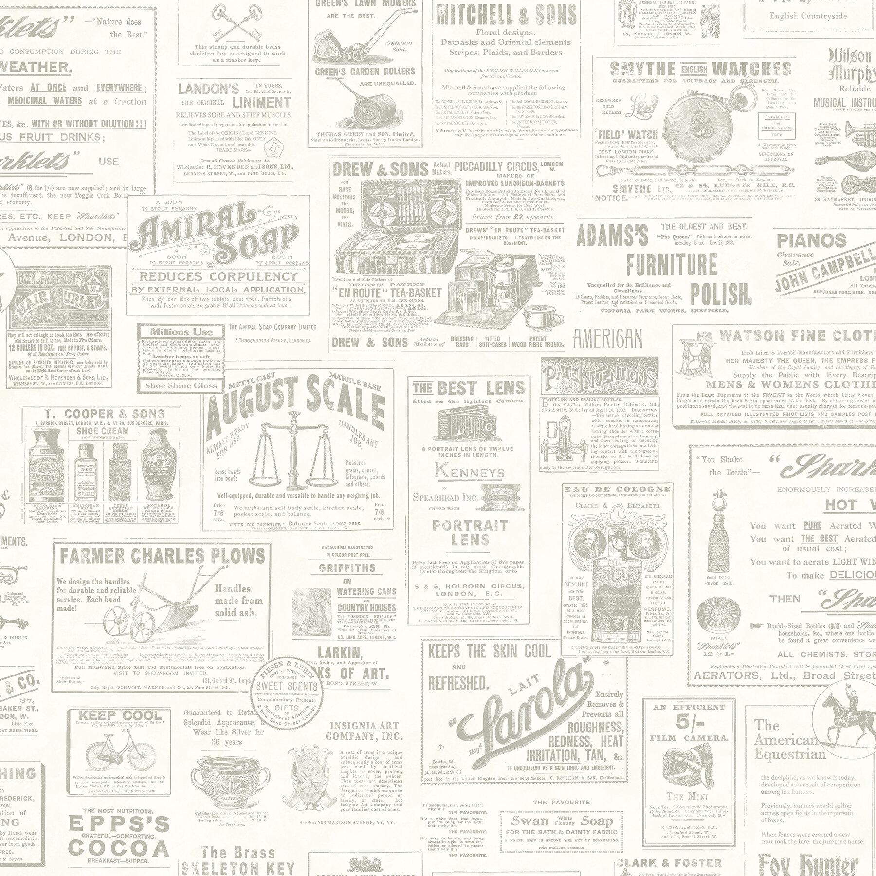 1800x1800 Williston Forge Sunderland Newspaper 33' L x 20.5 W Wallpaper Roll