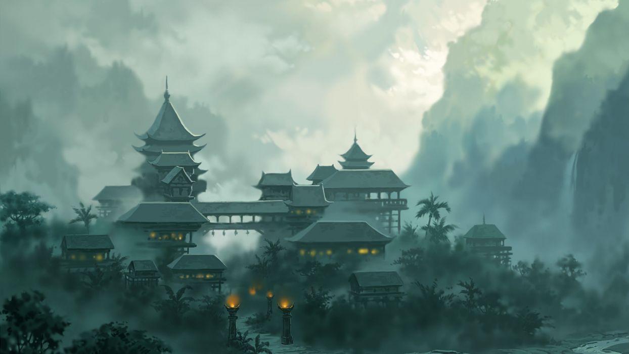 1244x700 Asian oriental fantasy art temple church cathedral architecture buildings landscapes mountains jungle clouds fog wallpaperx1080