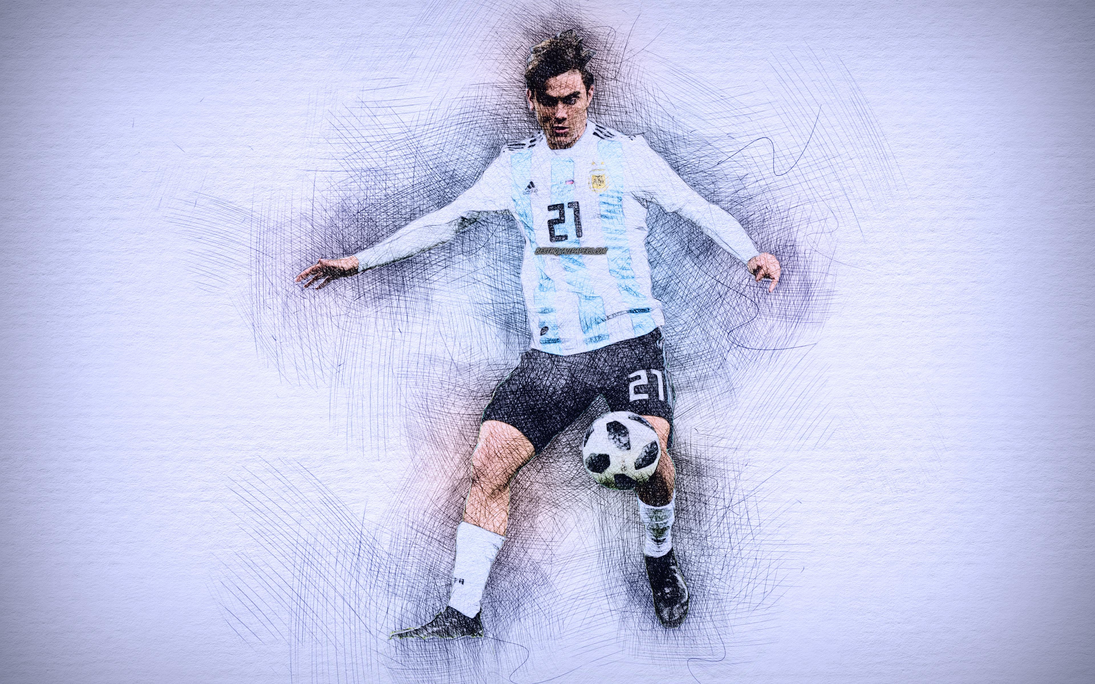 3840x2400 Download wallpaper 4k, Paulo Dybala, artwork, football stars, Argentine National Team, Dybala, soccer, footballers, drawing Paulo Dybala, Argentina national football team for desktop with resolution 3840x2400. High Quality HD picture wallpaper
