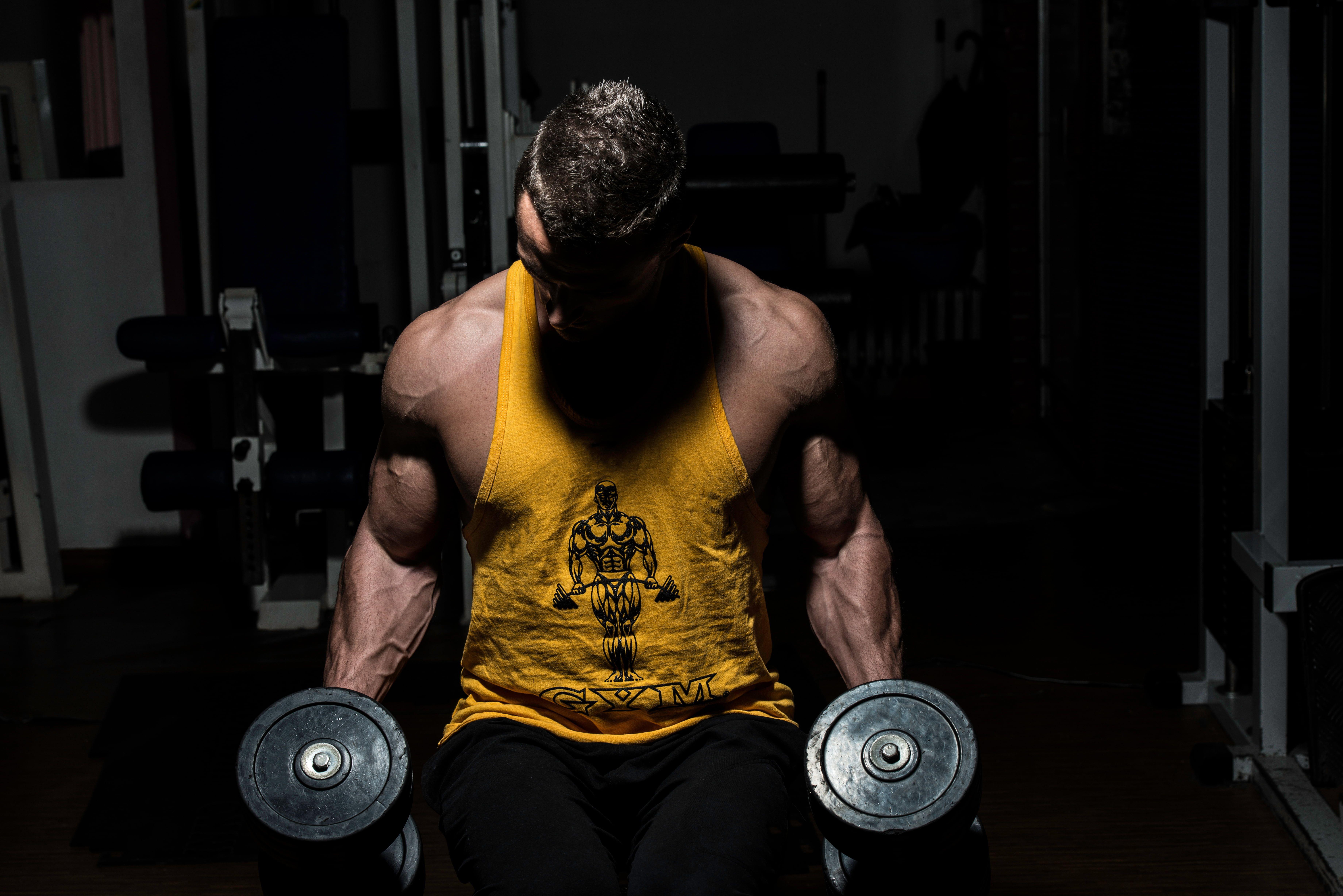 7360x4912 men's yellow tank top #muscles #gym #dumbbells #bodybuilder K #wallpaper #hdwallpaper #desktop. Arm workout, Workout pics, Gym