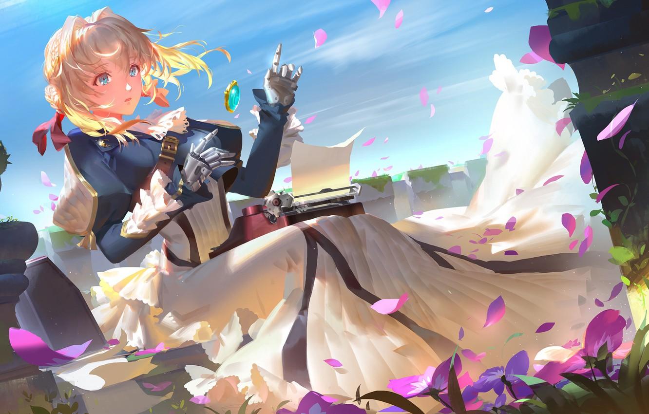 1332x850 Wallpaper girl, flowers, anime, art, cyborg, Violet Evergarden image for desktop, section сёнэн