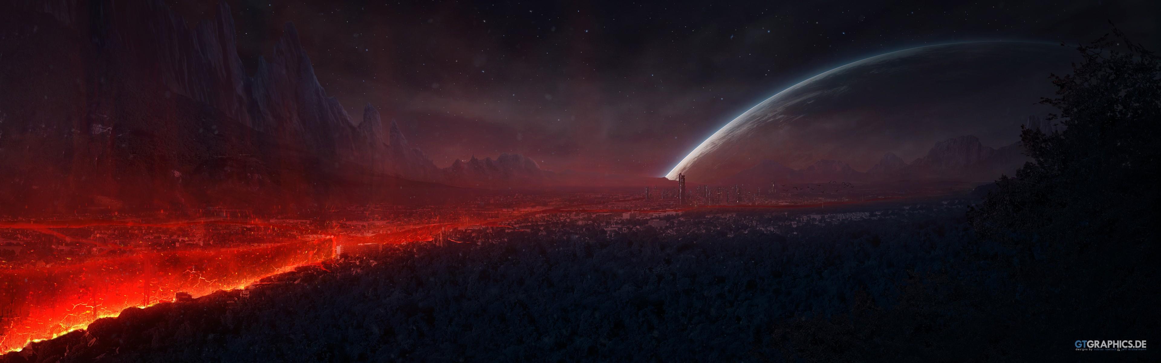 3840x1200 Sci Fi Planet Rise HD Wallpaper