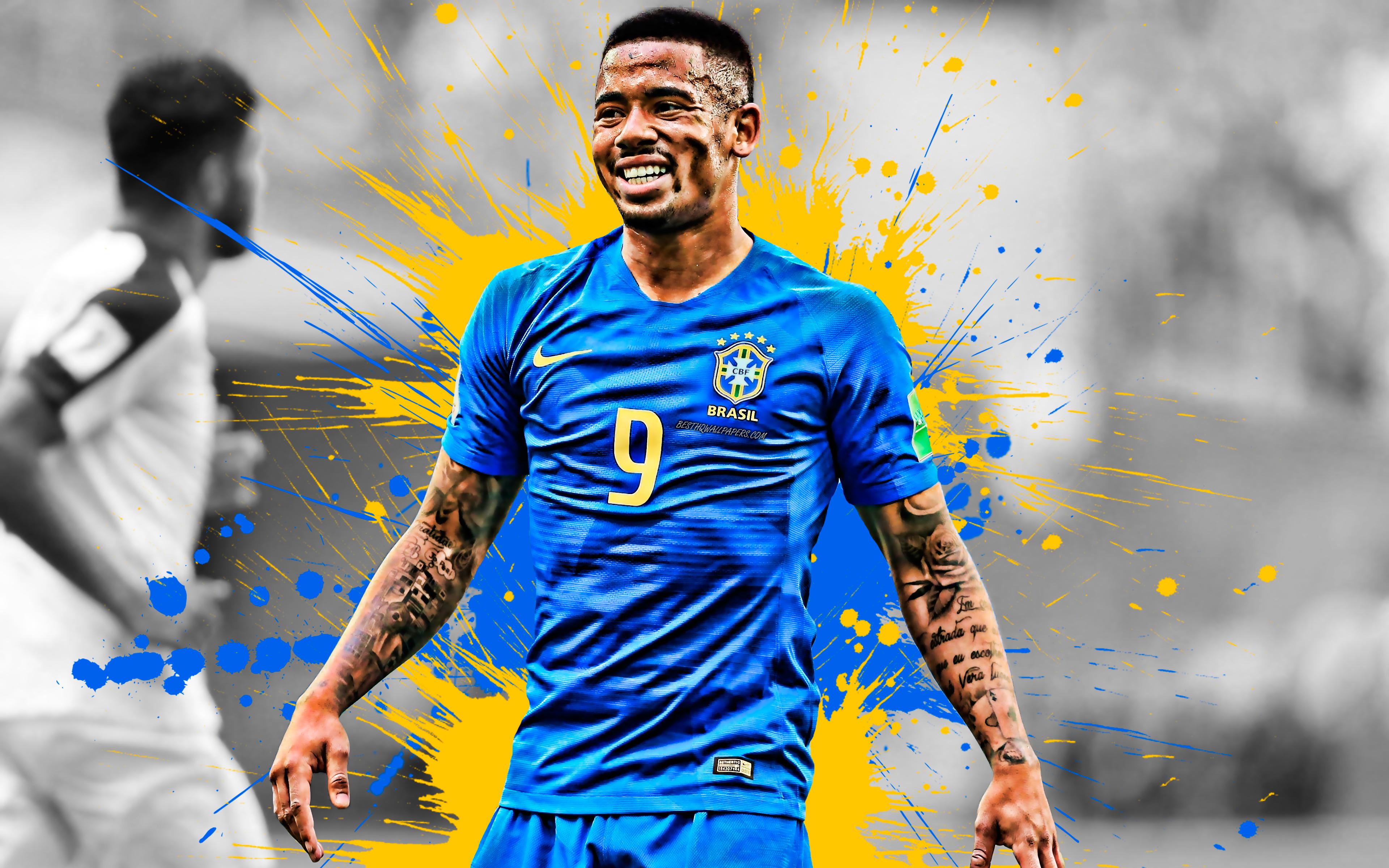 3840x2400 Download wallpaper Gabriel Jesus, Brazilian football player, striker, Brazil national football team, portrait, smile, Brazil, creative art, famous football players for desktop with resolution 3840x2400. High Quality HD picture wallpaper