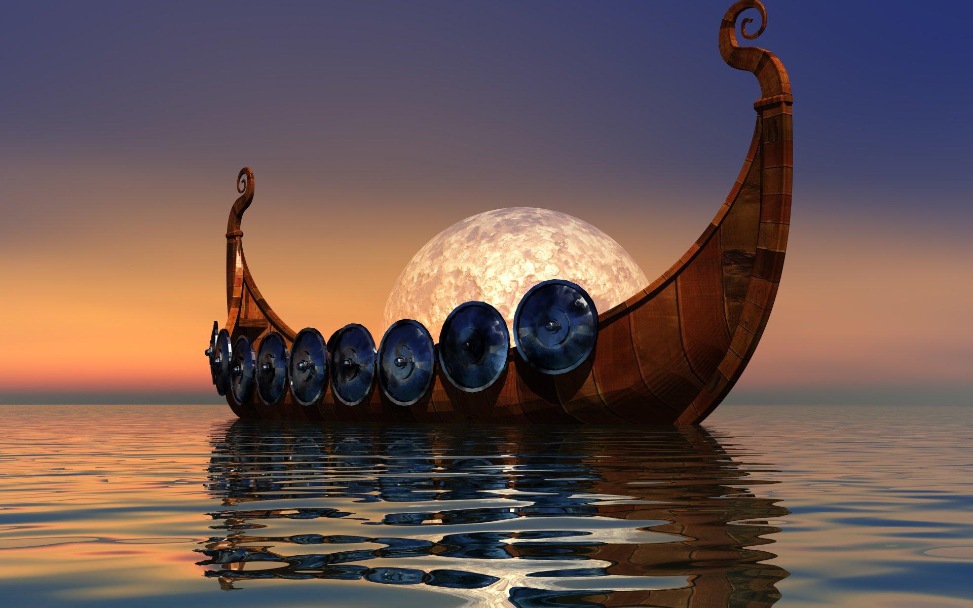 1920x1200 Viking Ship the Sea under a Full Moon HD Wallpaper