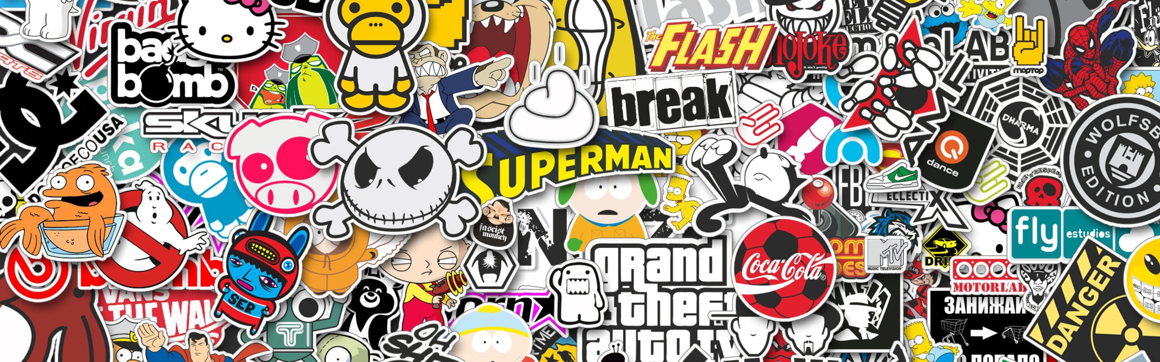 3840x1200 Sticker bomb wallpaper
