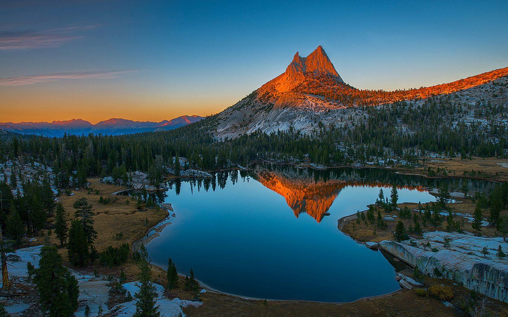 1680x1050 Sunset Mountain Rocky Mountain Top Lake Reflecting In Water HD Desktop Wallpaper :