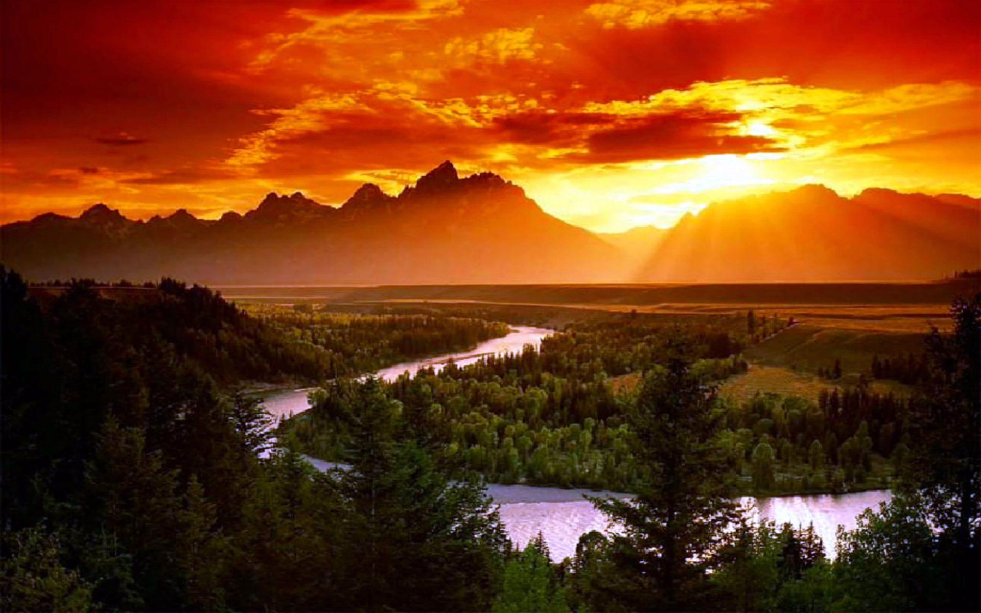 1920x1200 Red Sky Sunlight Sunset Curve River Pine Forest, Rocky Mountain Peaks Desktop Wallpaper HD :