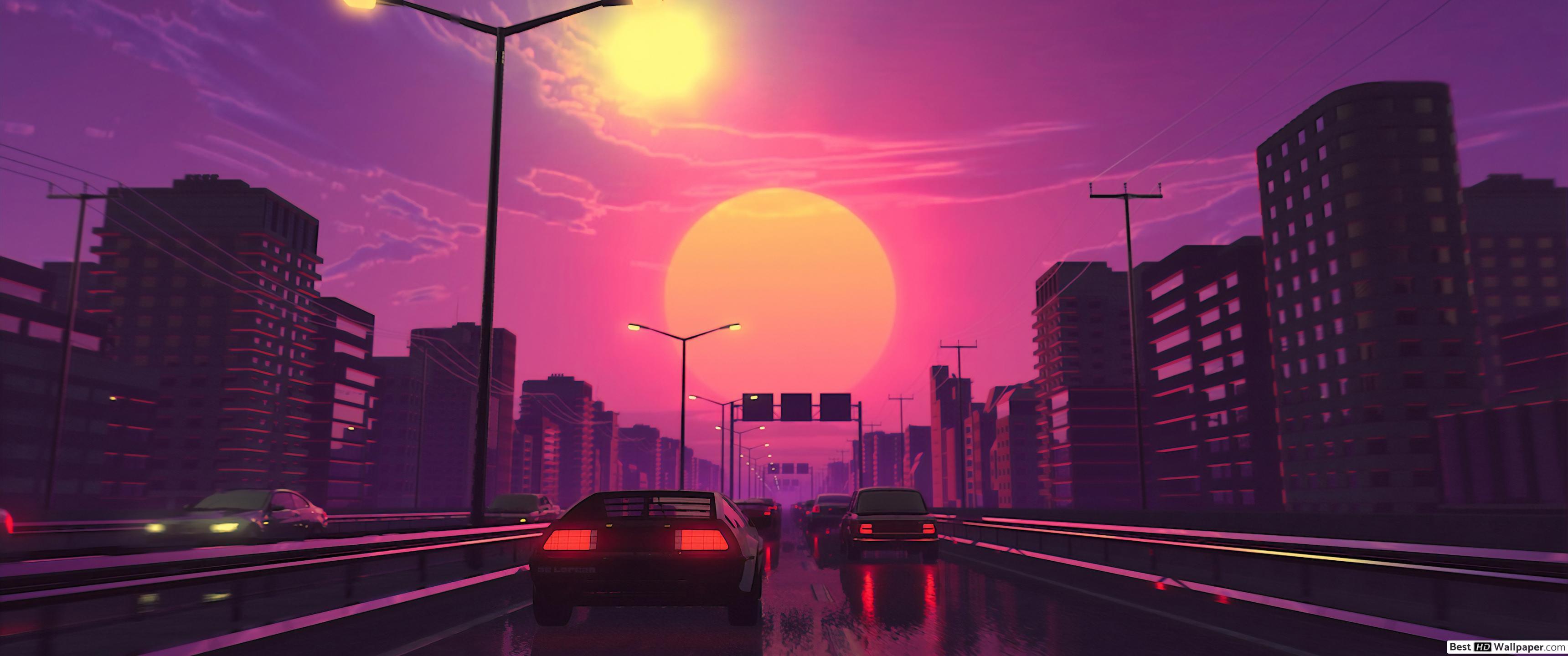 3440x1440 Retro city HD wallpaper download