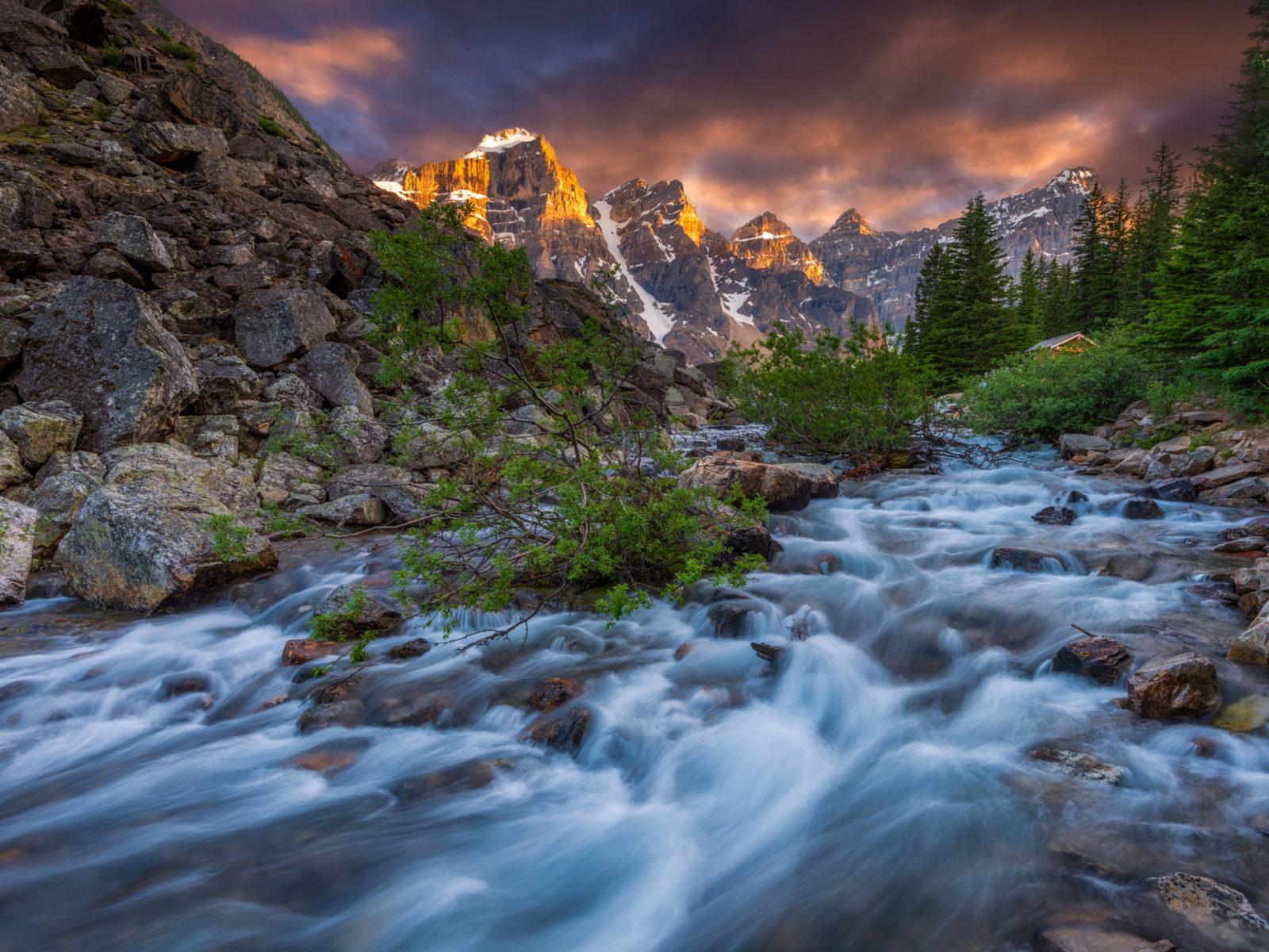 1600x1200 Moraine Lake In Alberta Canada Mountain Stream Rocky Mountains Sunset Forest Trees Landscape Android Wallpaper For Your Desktop Or Phone 3840x2400 :