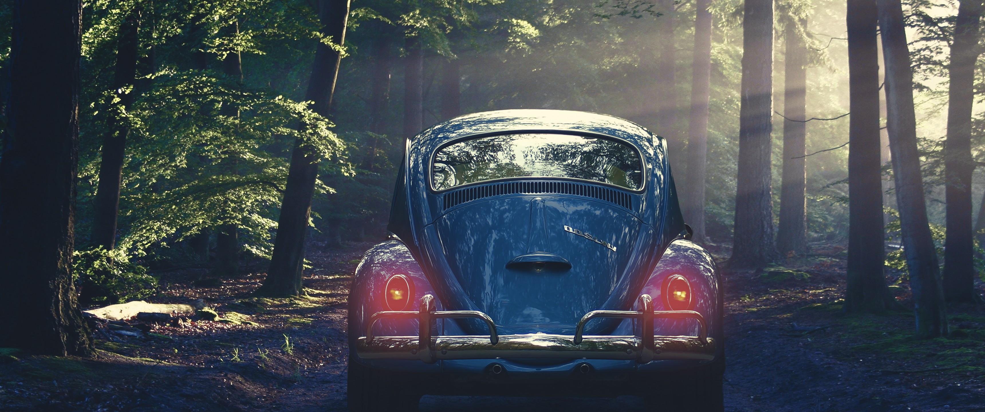 3440x1440 Download 3440x1440 Retro Cars, Back View, Forest, Trees Wallpaper