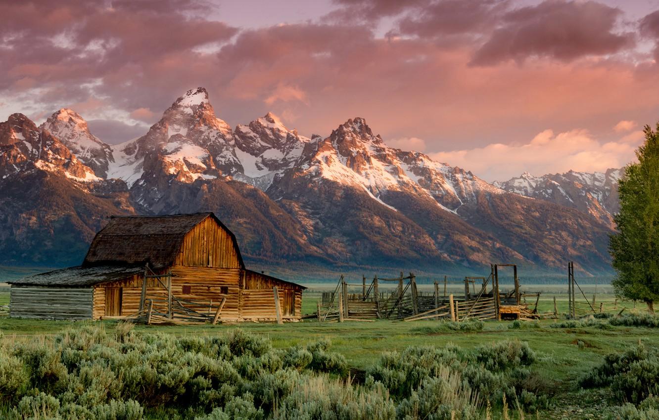 1332x850 Wallpaper grass, sunset, barn, rocky mountains, teton image for desktop, section пейзажи