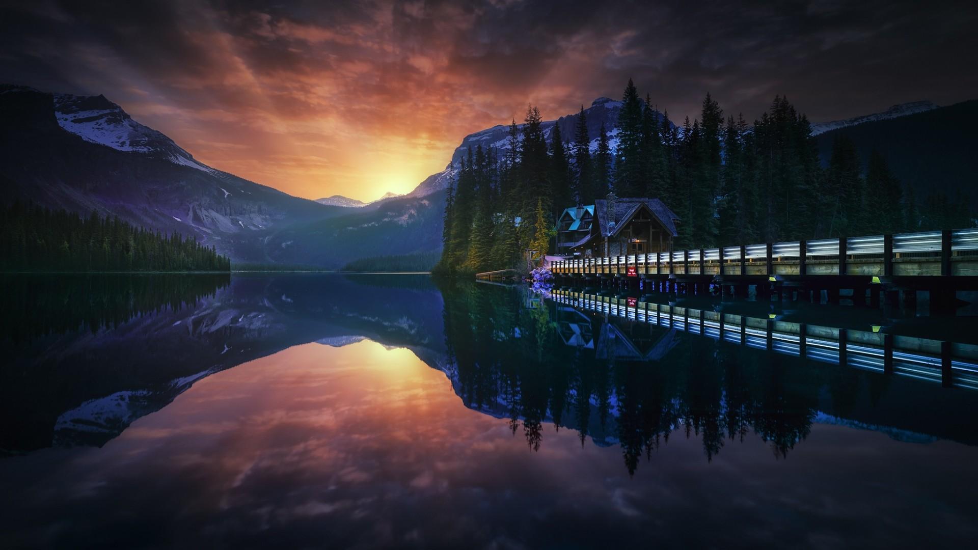 1920x1080 #national park, #architecture, #building, #winter, #lake, #Jesús M. García, #sunset, #evening, #pier, #Canada, #reflection, #house, #snowy peak, #water, #Rocky Mountains, #forest, wallpaper. Mocah HD Wallpaper