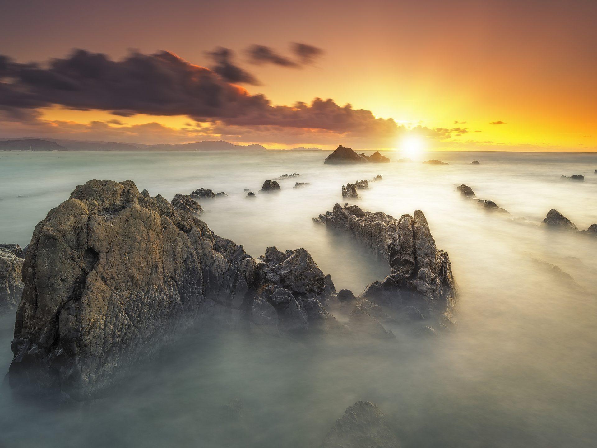 1920x1440 Sunset Rocky Mountain Peaks Fog Vapor Orange Sky Desktop Wallpaper HD Resolution :