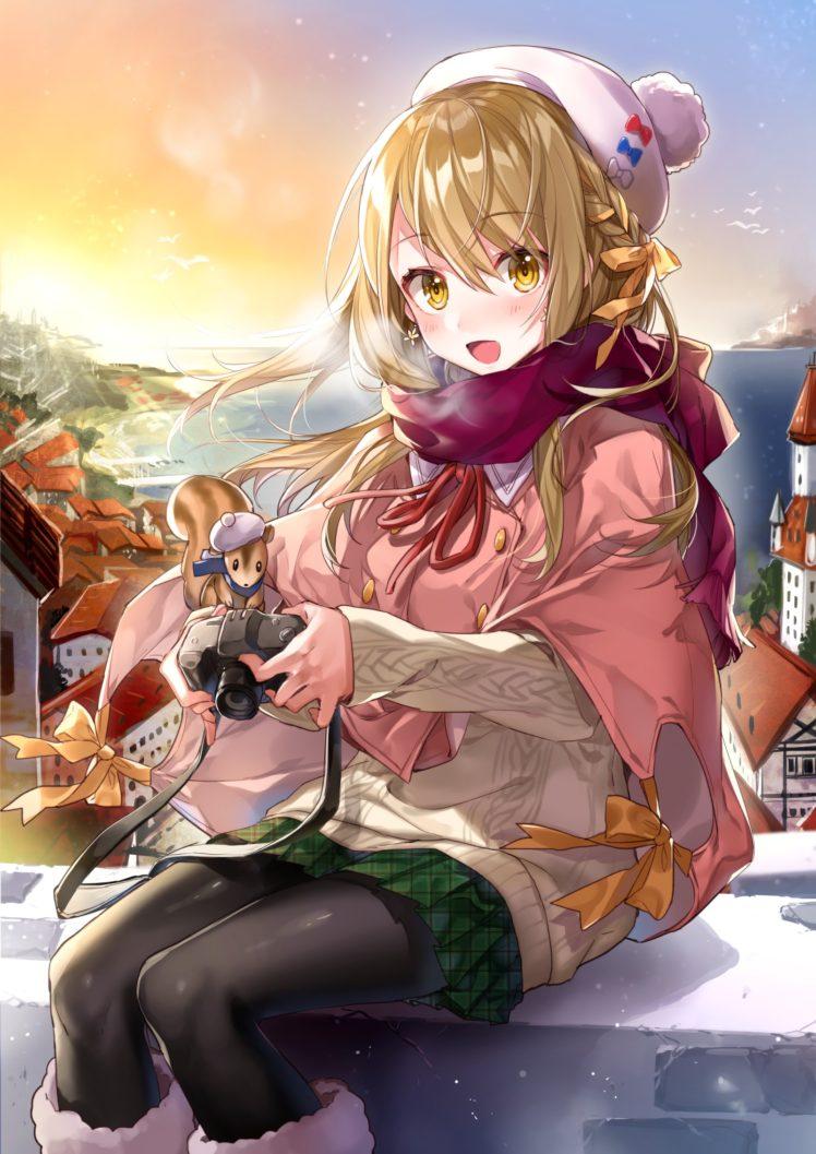 748x1057 original characters, Long hair, Blonde, Anime, Anime girls, Yellow eyes, Sunset, Sweater, Skirt HD Wallpaper / Desktop and Mobile Image & Photo