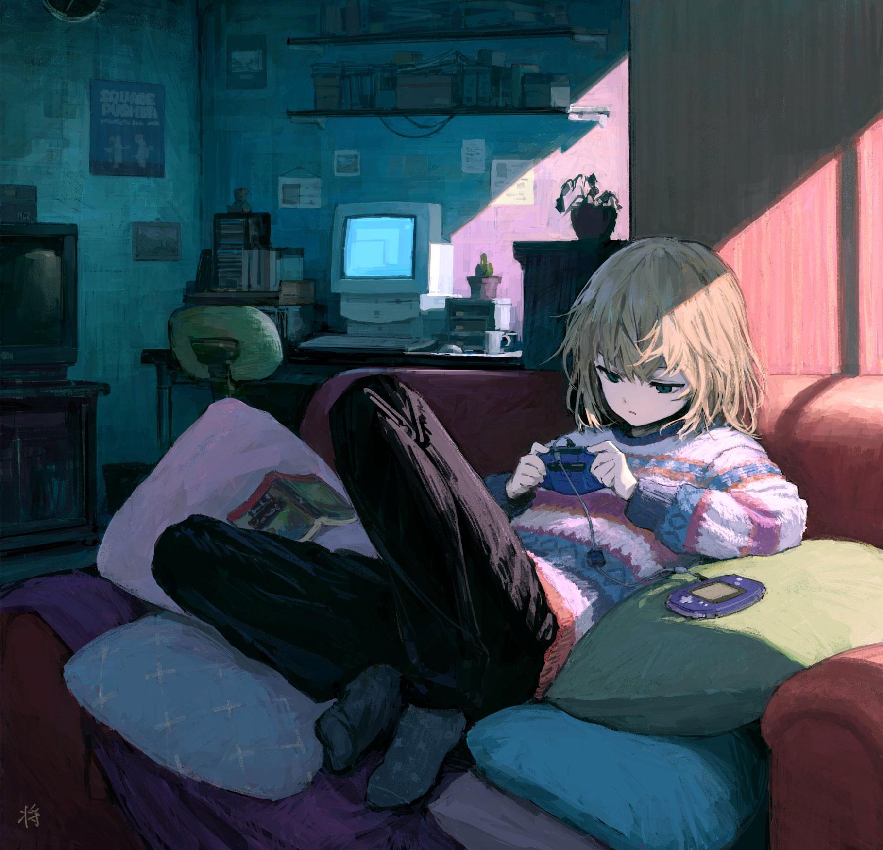 1818x1750 Wallpaper Lofi Anime, Anime Girls, Indoors, In Sofa, Blonde • Wallpaper For You HD Wallpaper For Desktop & Mobile