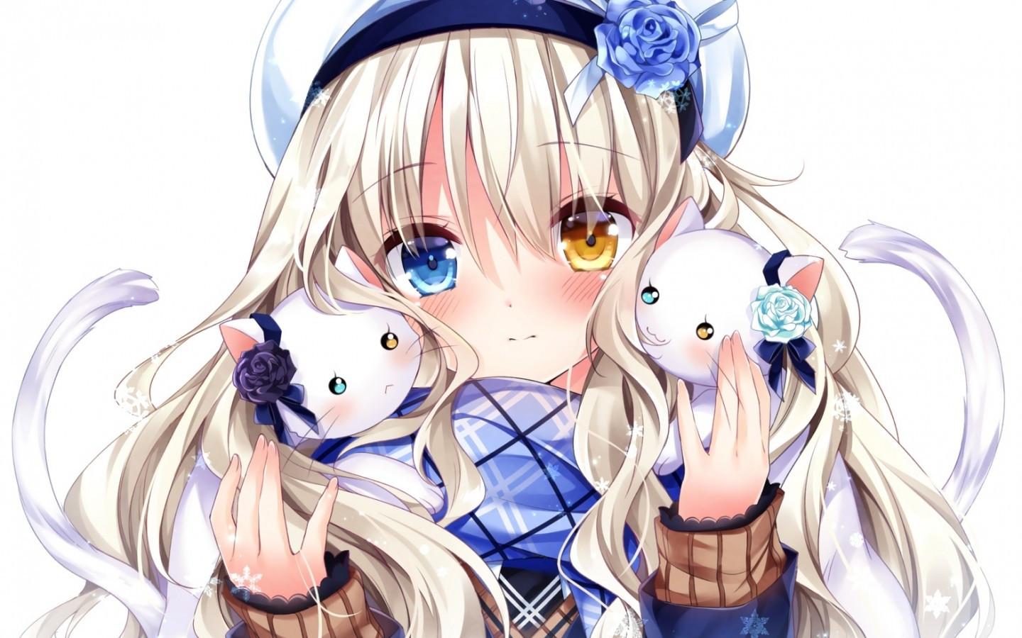 1440x900 Download 1440x900 Anime Girl, Bicolored Eyes, Cats, Blonde, Cute, Blushy Wallpaper for MacBook Pro 15 inch, MacBook Air 13 inch